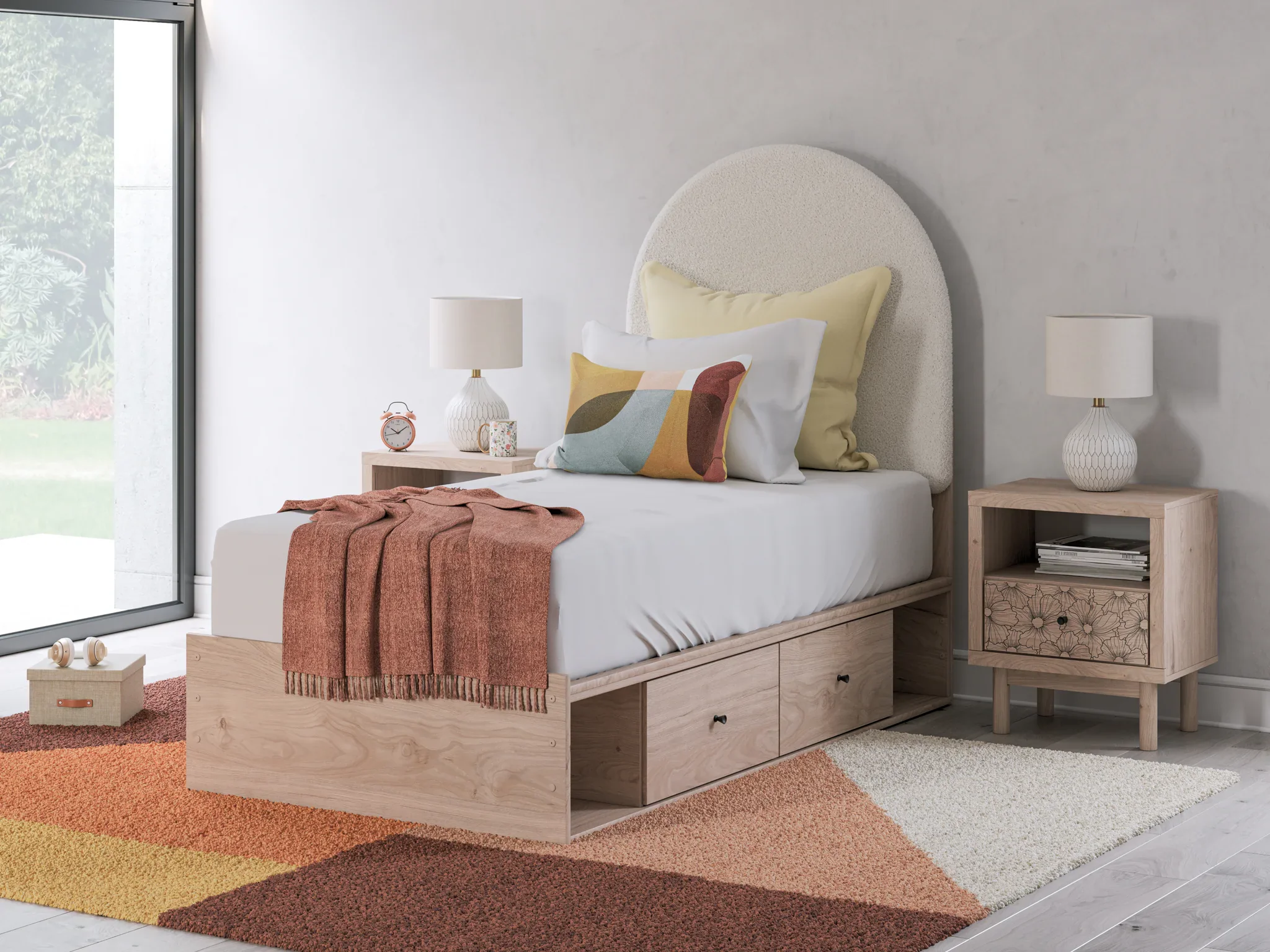 Arloster - Twin Upholstered Panel Bed With Side Storage Unit - Tan / White - Image 2