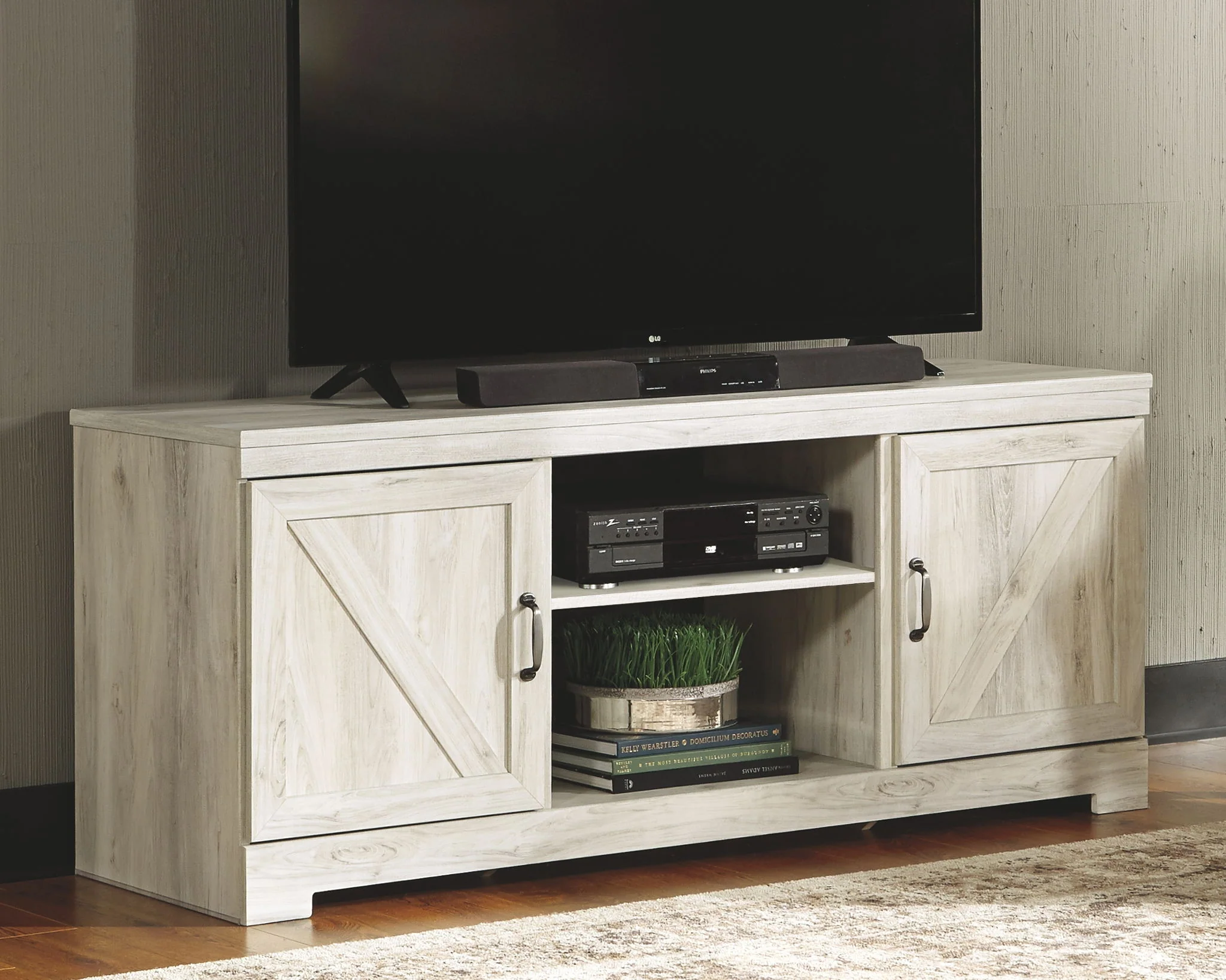 Bellaby - Whitewash - 63" TV Stand With Faux Firebrick Fireplace Insert - Image 4