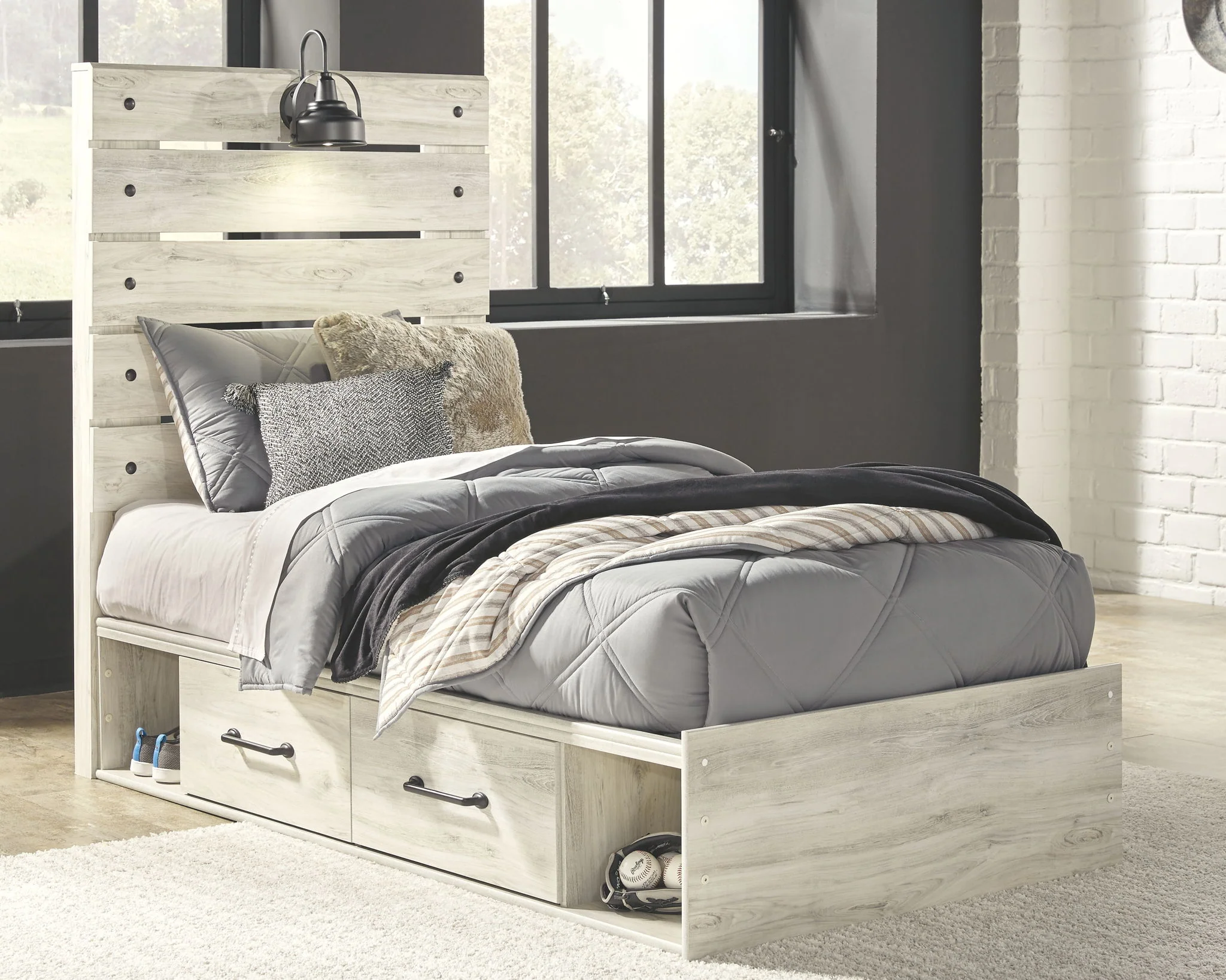 Cambeck - Whitewash - Twin Panel Bed With 4 Storage Drawers - Image 2