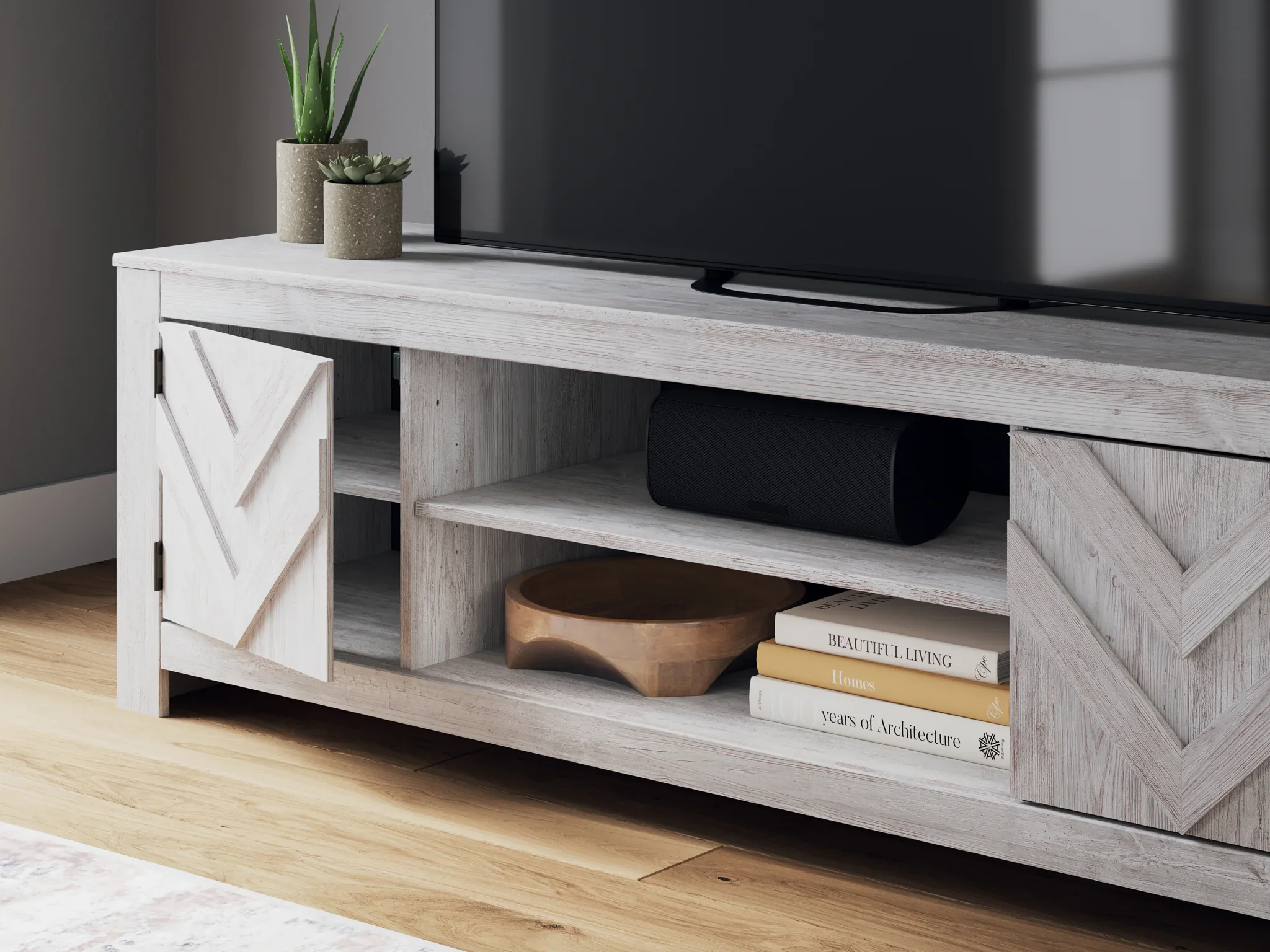 Cayboni - Whitewash - LG TV Stand With Fireplace Option - Image 3