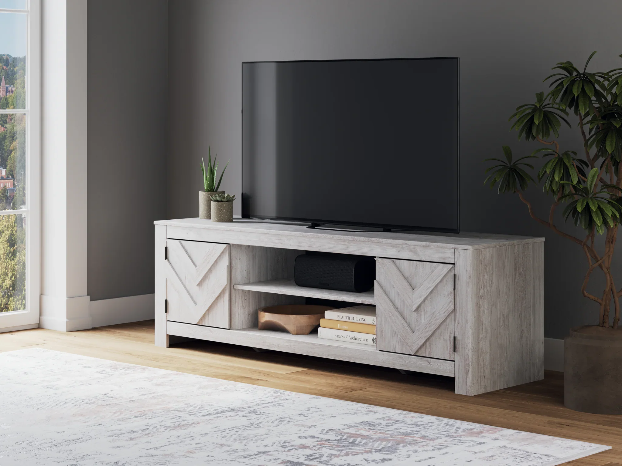 Cayboni - Whitewash - LG TV Stand With Fireplace Option - Image 7