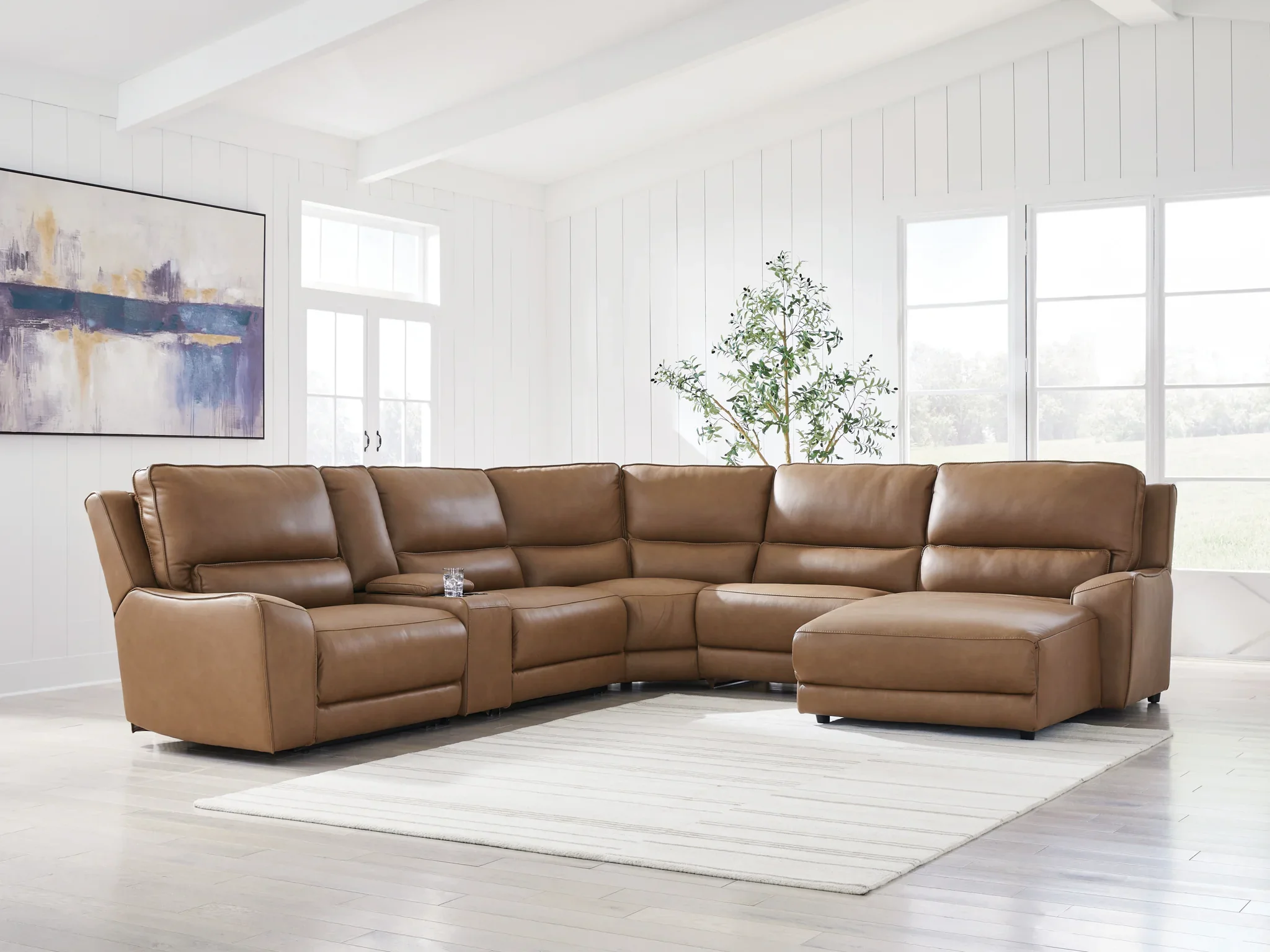DeepWakes - 6-Piece Power Reclining Sectional With RAF Press Back Power Chaise And Storage Console - Caramel - Image 2