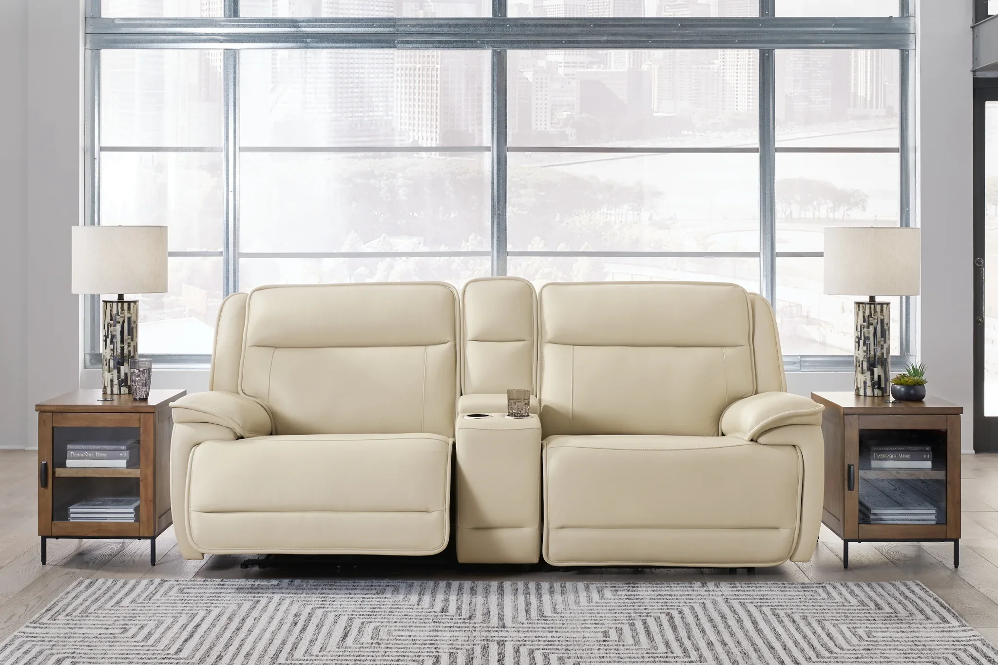 Double Deal - Almond - 2-Piece Power Reclining Loveseat Sectional With Console - Image 2