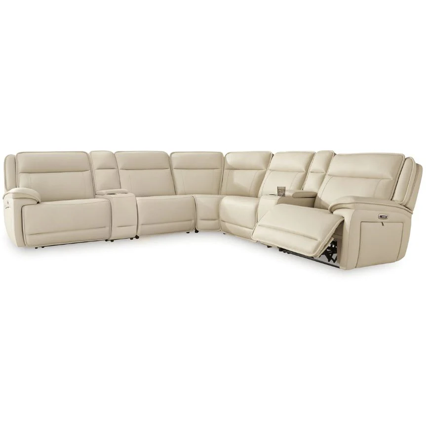Double Deal - Almond - 7-Piece Power Reclining Sectional With 2 Consoles