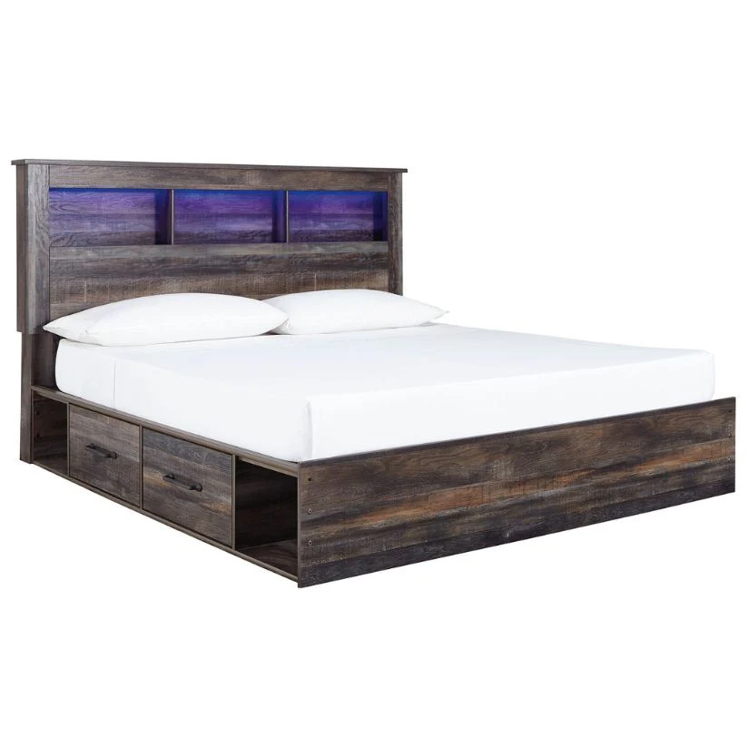 Drystan - Brown / Beige - King Bookcase Bed With 4 Storage Drawers