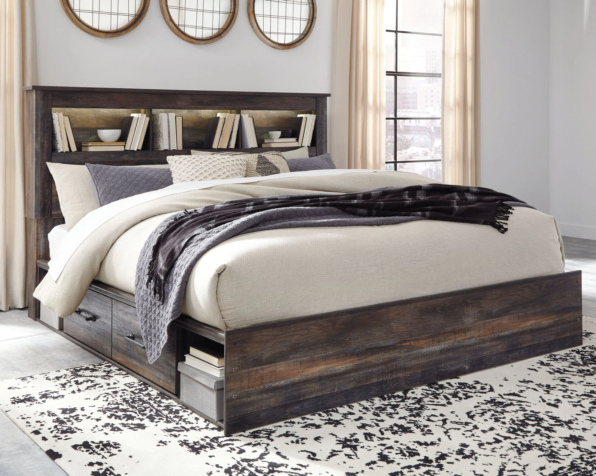 Drystan - Brown / Beige - King Bookcase Bed With 4 Storage Drawers - Image 2