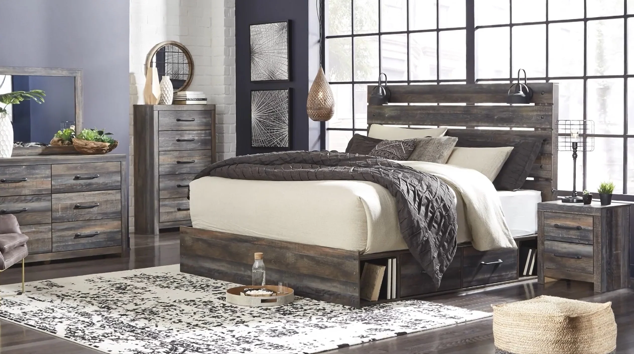 Drystan - Brown / Beige - King Bookcase Bed With 4 Storage Drawers - Image 3