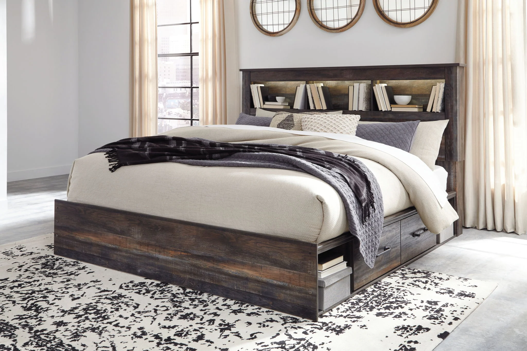 Drystan - Brown / Beige - King Bookcase Bed With 2 Side Drawers - Image 2