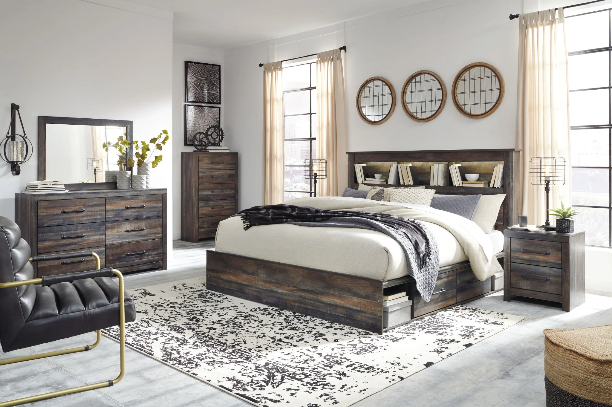 Drystan - Brown / Beige - King Bookcase Bed With 2 Side Drawers - Image 3