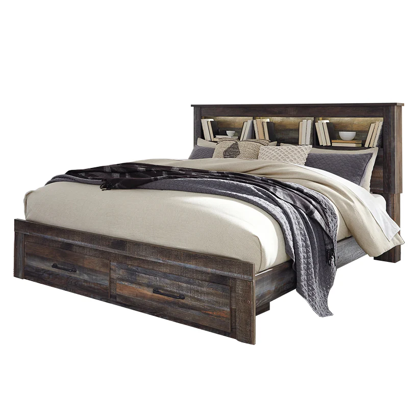 Drystan - Brown / Beige - King Bookcase Bed With 2 Storage Drawers