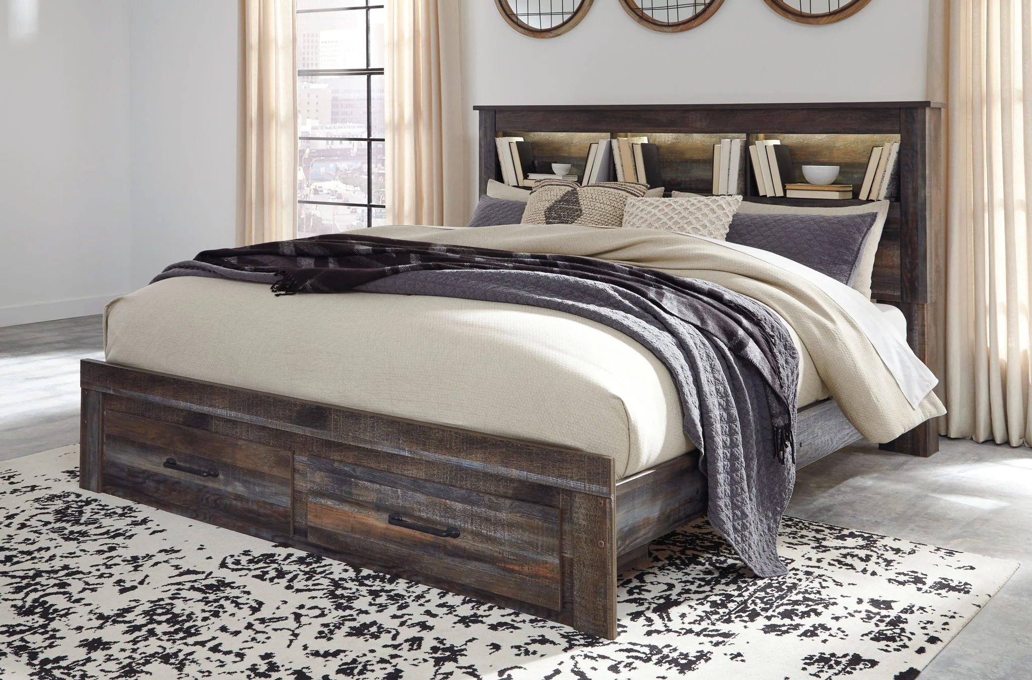 Drystan - Brown / Beige - King Bookcase Bed With 2 Storage Drawers - Image 2