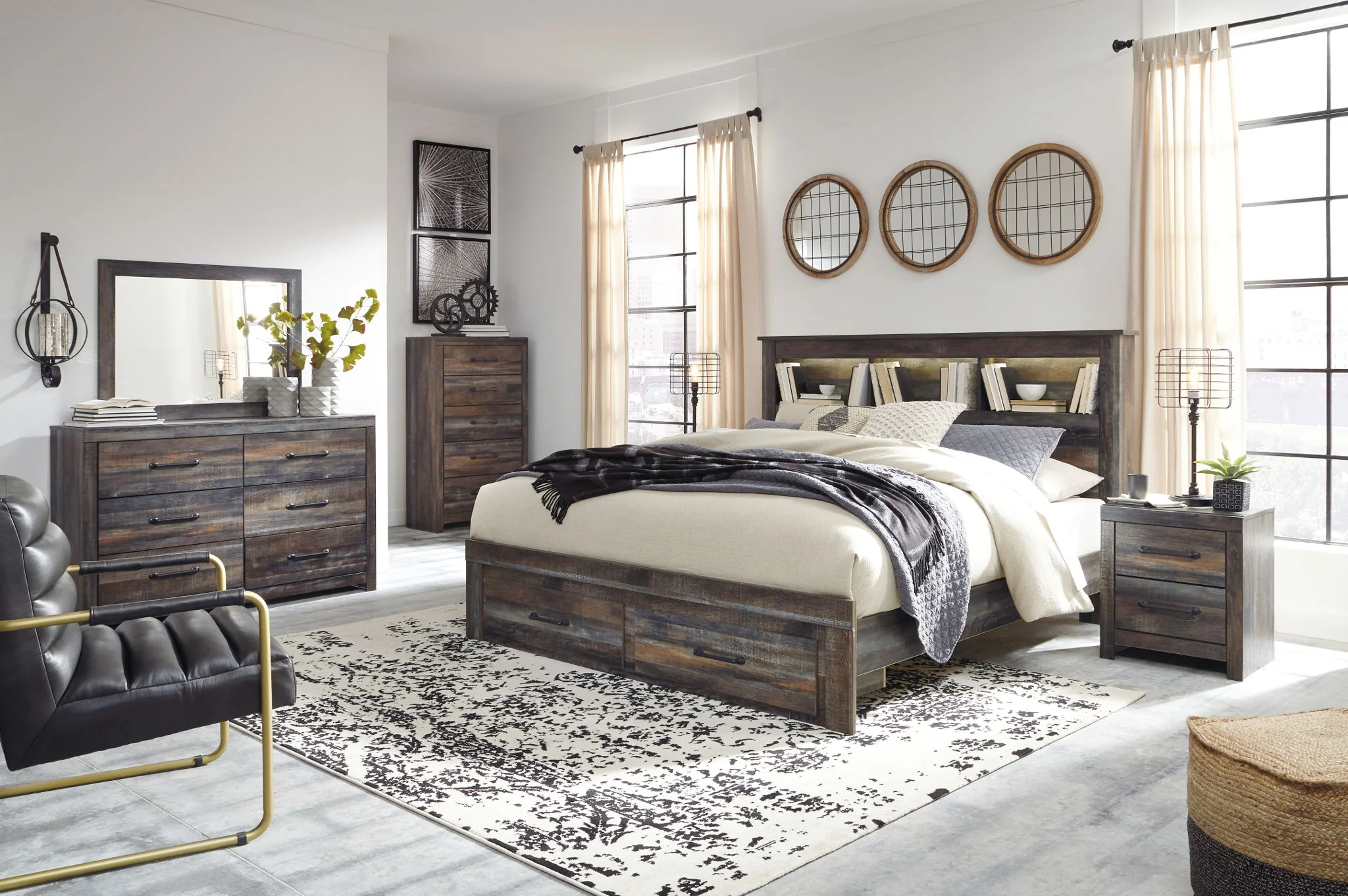 Drystan - Brown / Beige - King Bookcase Bed With 2 Storage Drawers - Image 3