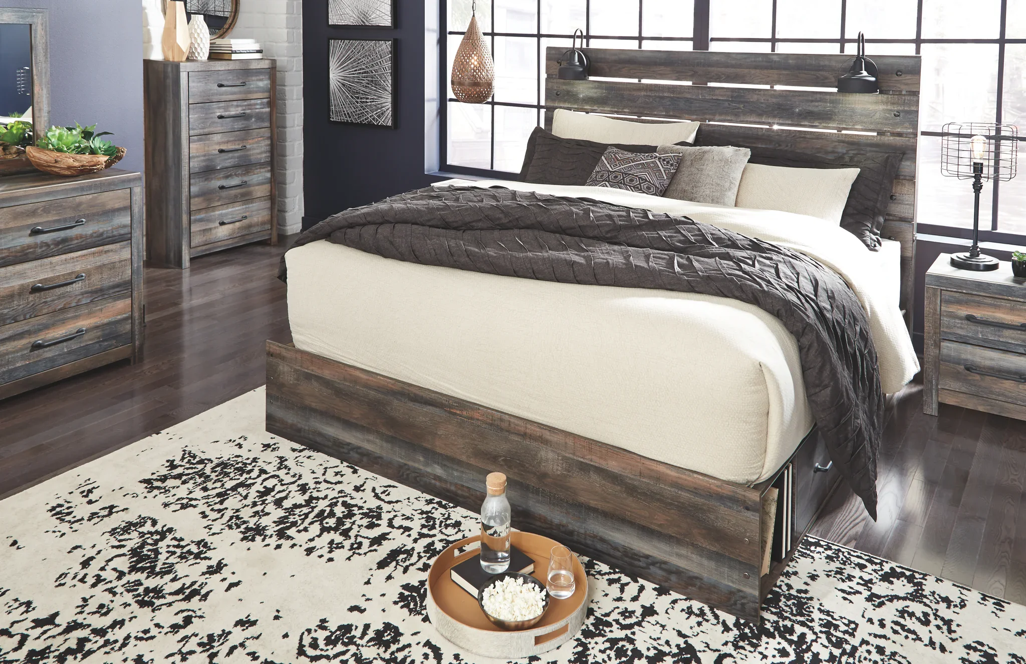 Drystan - Brown / Beige - King Panel Bed With 2 Side Drawers - Image 3
