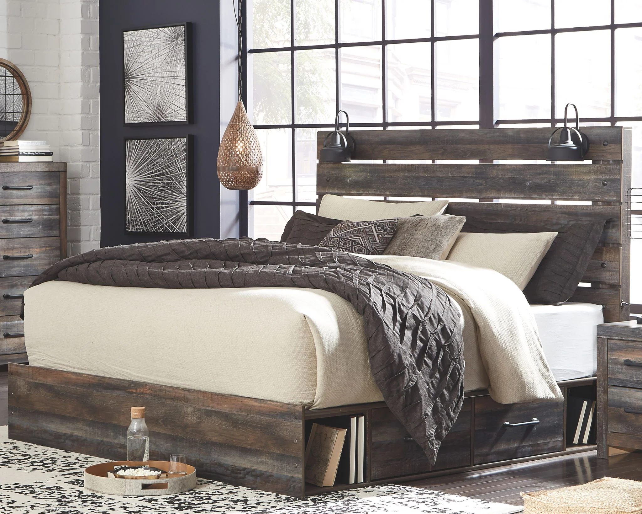 Drystan - Brown / Beige - King Panel Bed With 4 Side Drawers - Image 2
