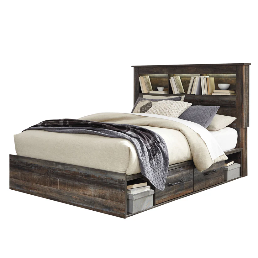 Drystan - Brown / Beige - Queen Bookcase Bed With 4 Side Drawers