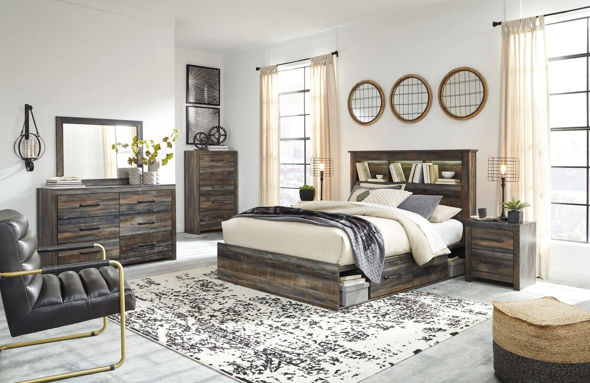 Drystan - Brown / Beige - Queen Bookcase Bed With 4 Side Drawers - Image 3