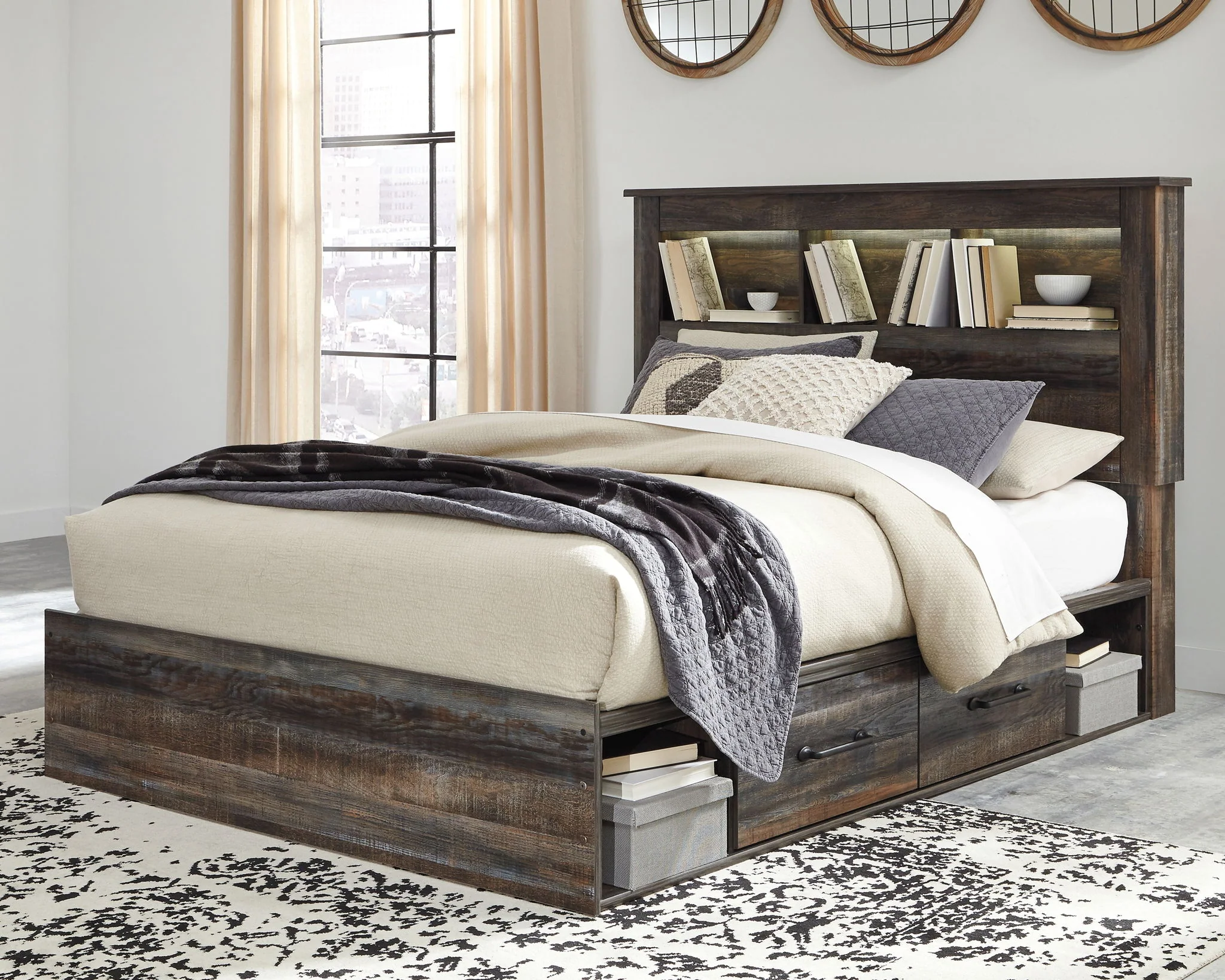 Drystan - Brown / Beige - Queen Bookcase Bed With 2 Side Drawers - Image 2