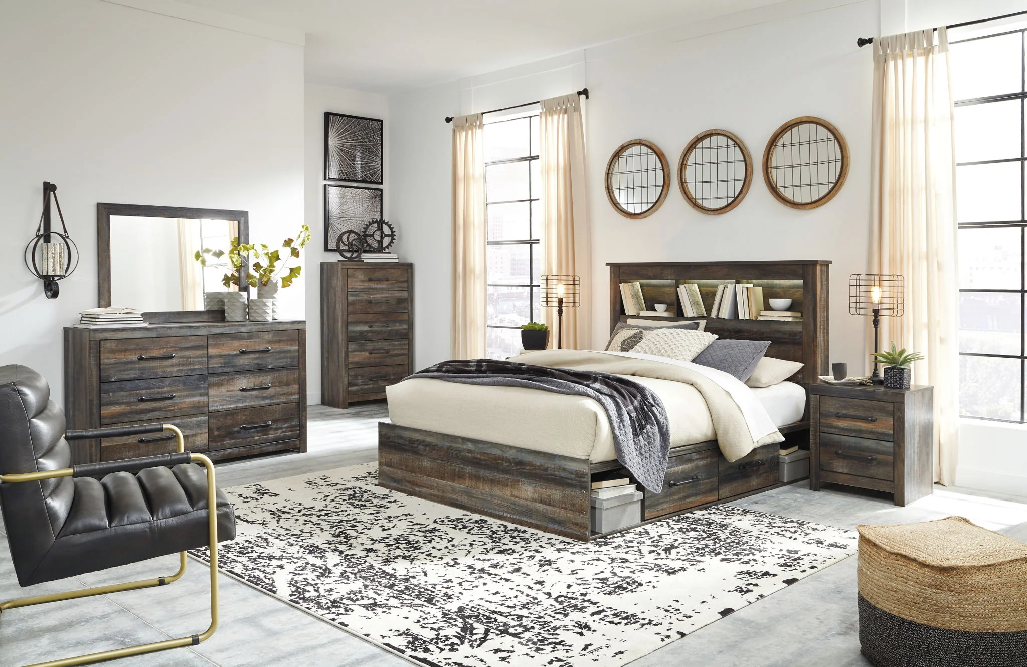 Drystan - Brown / Beige - Queen Bookcase Bed With 2 Side Drawers - Image 3