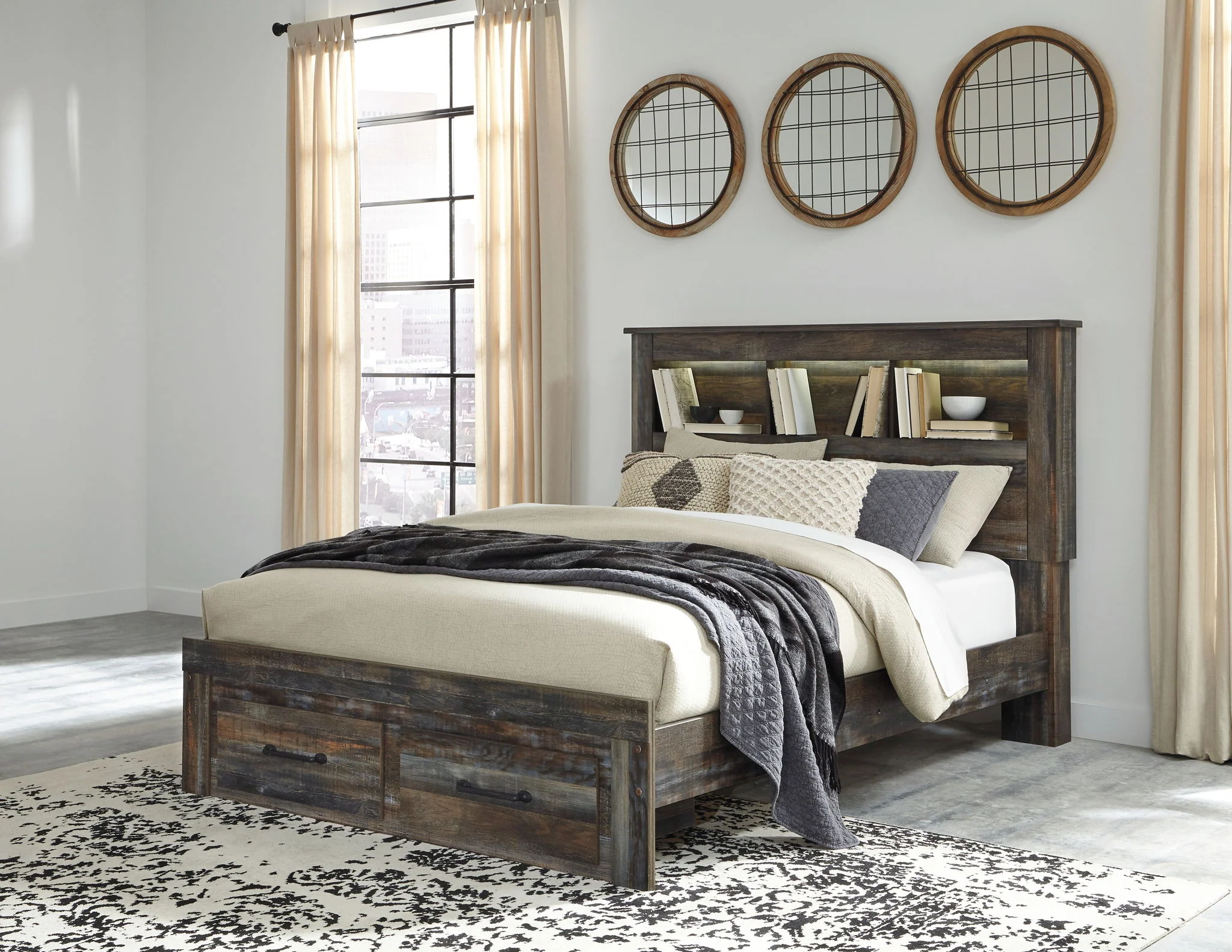 Drystan - Brown / Beige - Queen Bookcase Bed With 2 Storage Drawers - Image 2