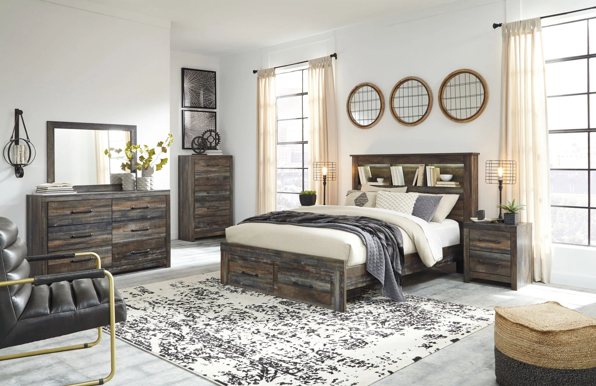 Drystan - Brown / Beige - Queen Bookcase Bed With 2 Storage Drawers - Image 3