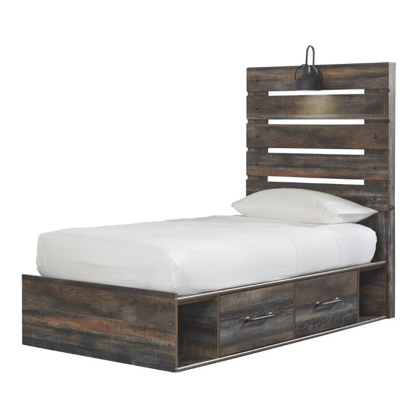 Drystan - Brown / Beige - Twin Panel Bed With 2 Side Drawers