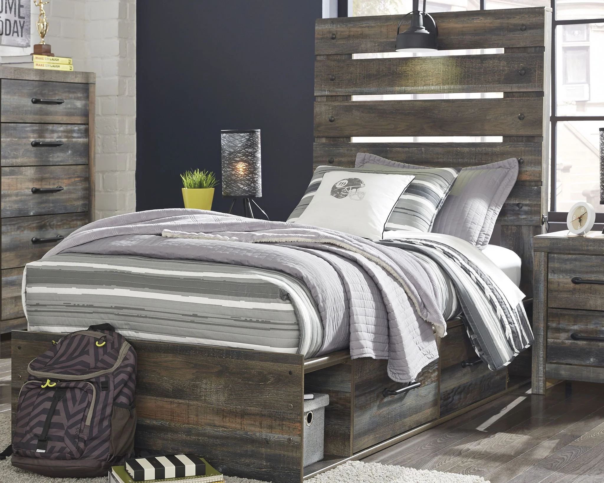 Drystan - Brown / Beige - Twin Panel Bed With 4 Side Drawers - Image 2
