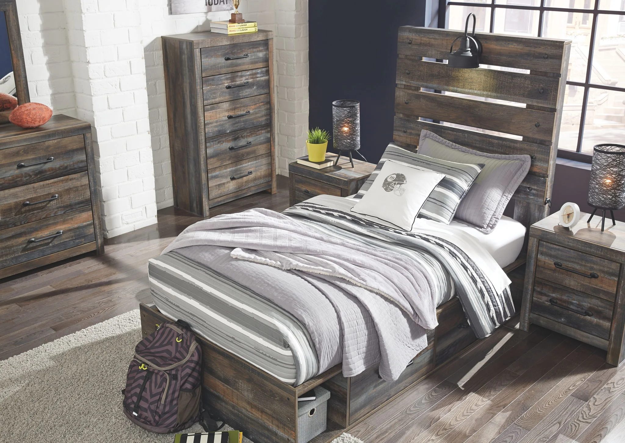 Drystan - Brown / Beige - Twin Panel Bed With 4 Side Drawers - Image 5