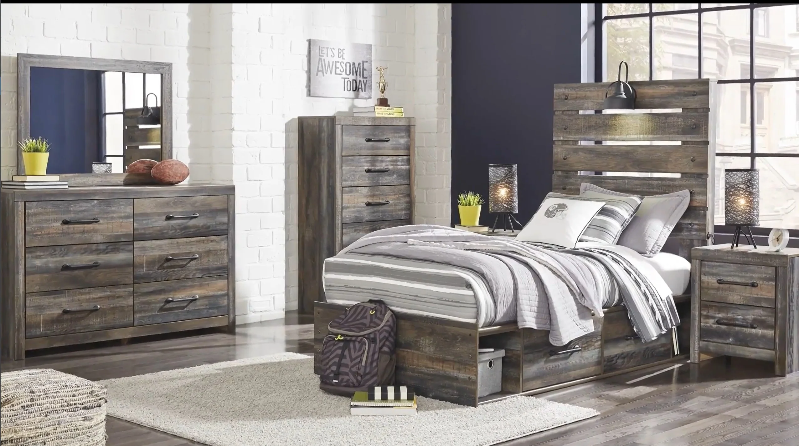Drystan - Brown / Beige - Twin Panel Bed With 4 Side Drawers - Image 6