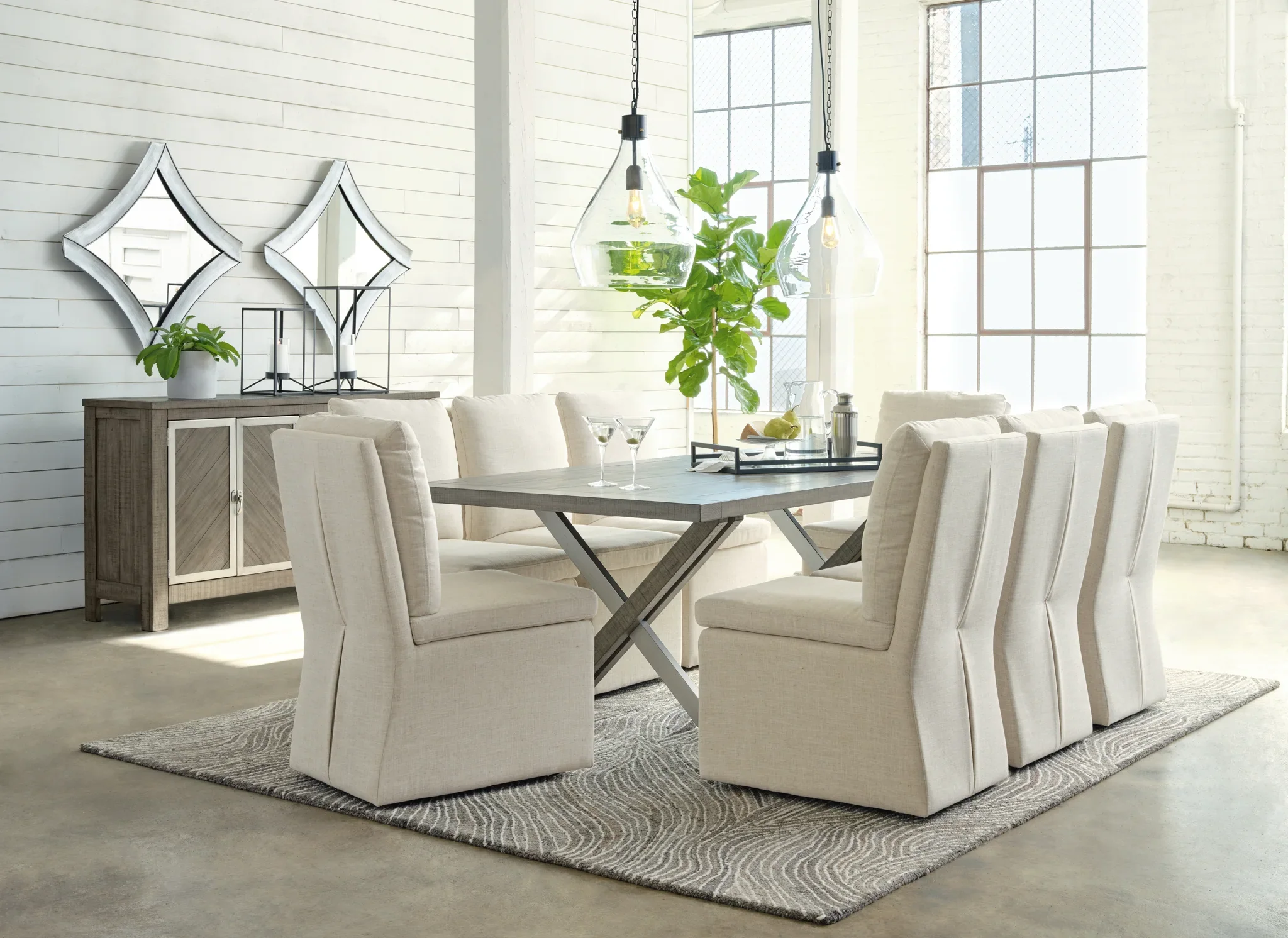 Krystanza - Weathered Gray - 10 Pc. - Dining Room Table, 8 Oatmeal Side Chairs, Server