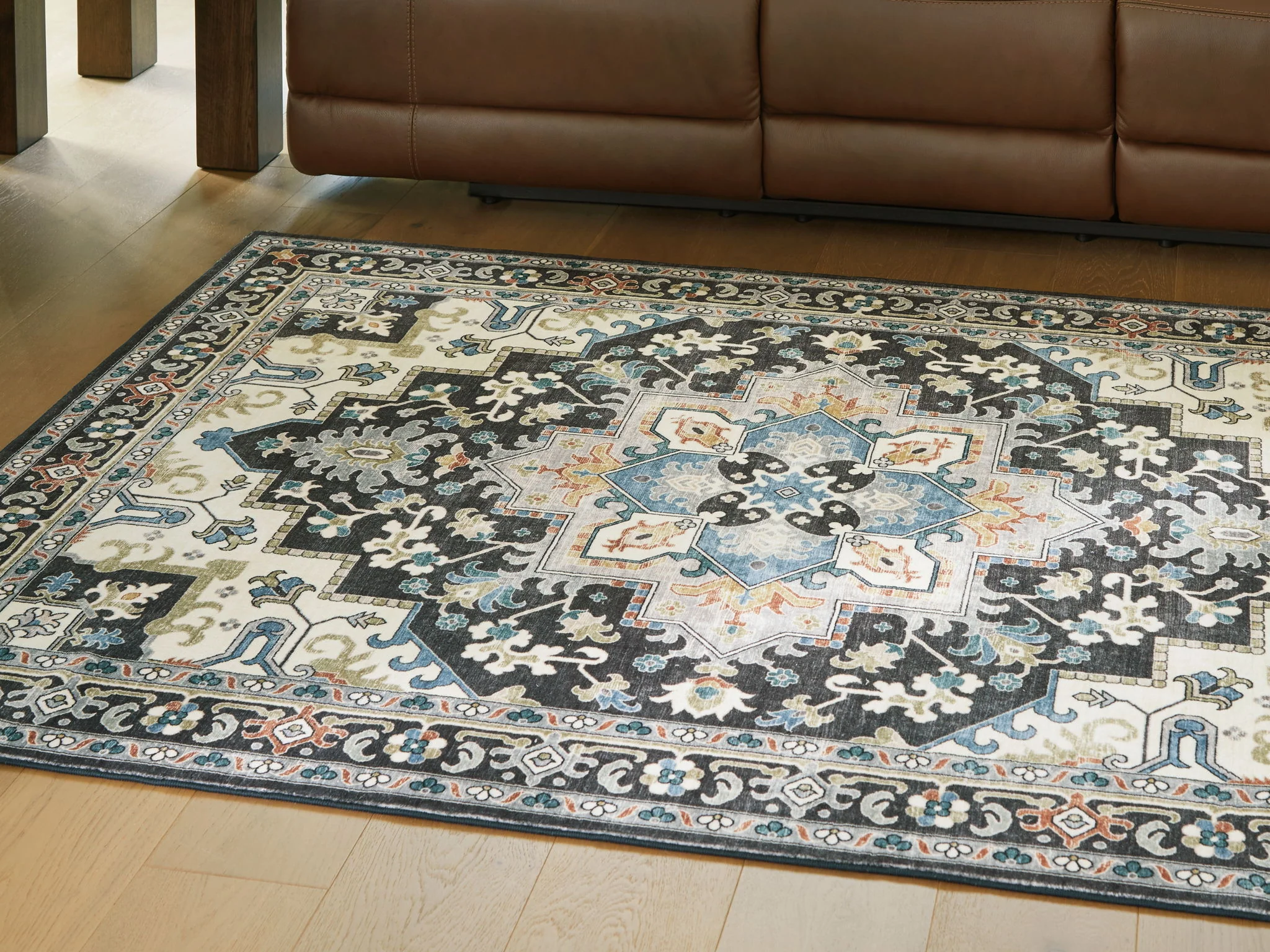 Leningston - Black / Cream / Blue - Washable Medium Rug - 5' x 7' - Image 2
