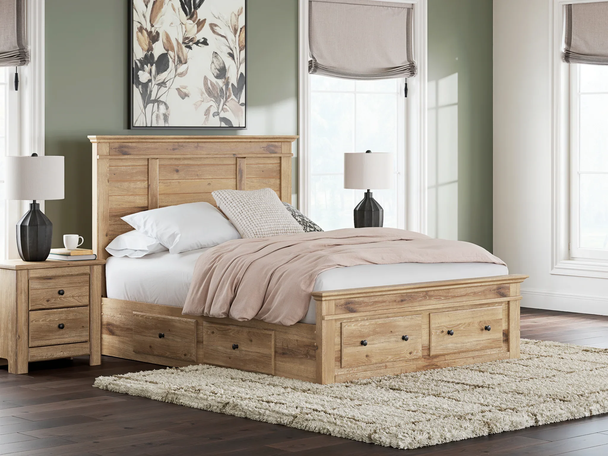 Makidern - Queen Panel Storage Bed With 2 Under Bed Storage Units And Storage Footboard - Tan - Image 2
