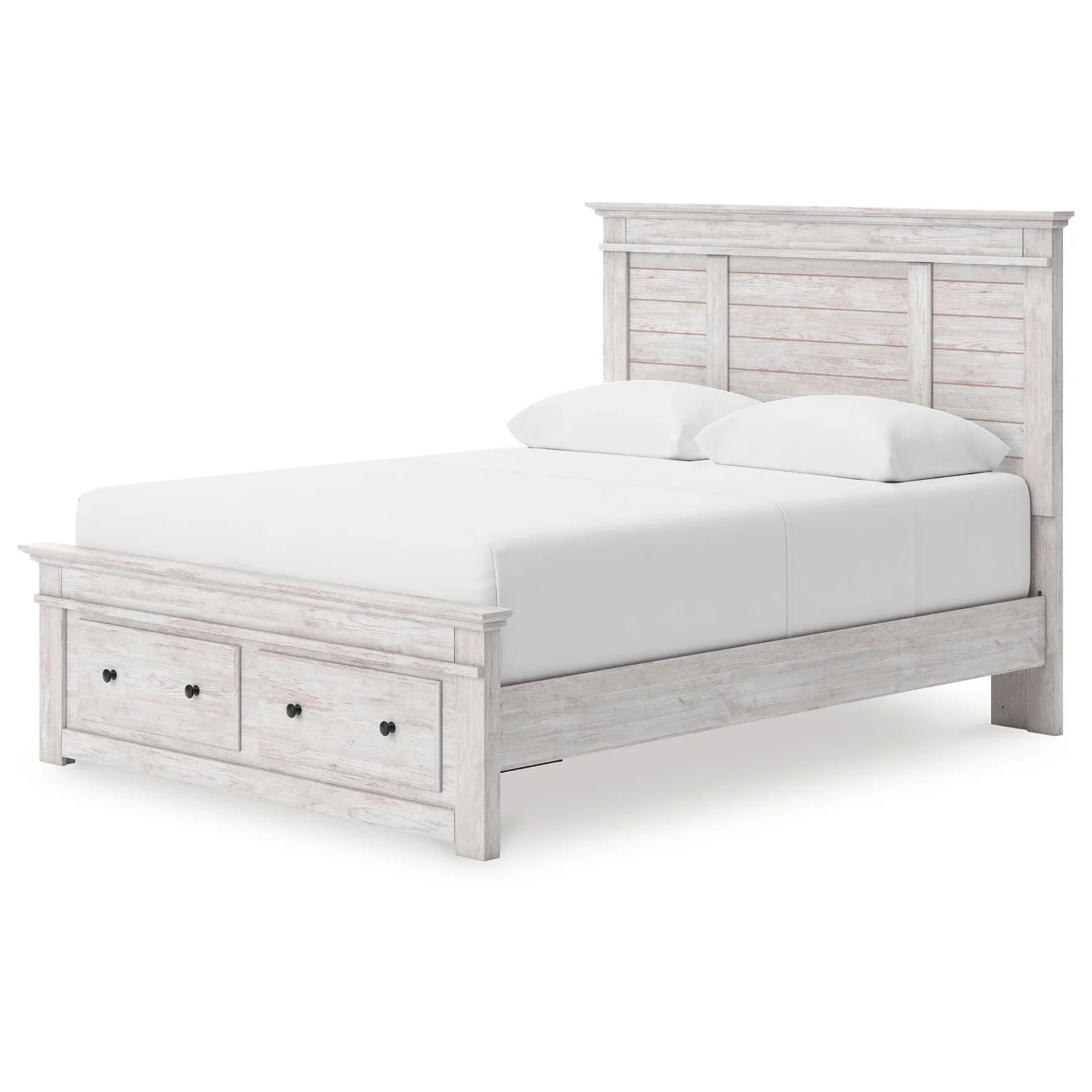 Makidern - Queen Panel Storage Bed With Under Bed Storage Unit And Storage Footboard - Whitewash