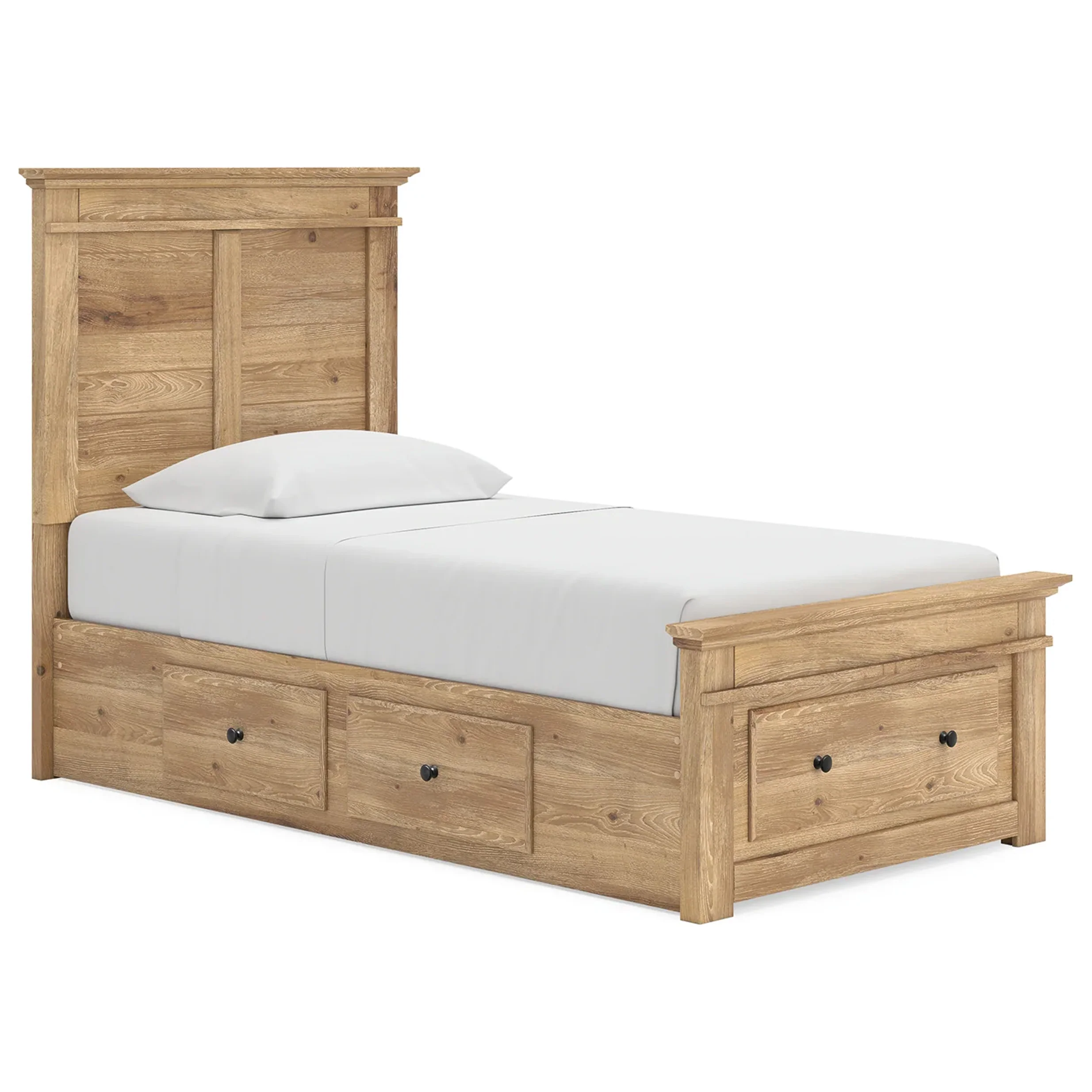 Makidern - Twin Panel Storage Bed With 2 Under Bed Storage Units And Storage Footboard - Tan
