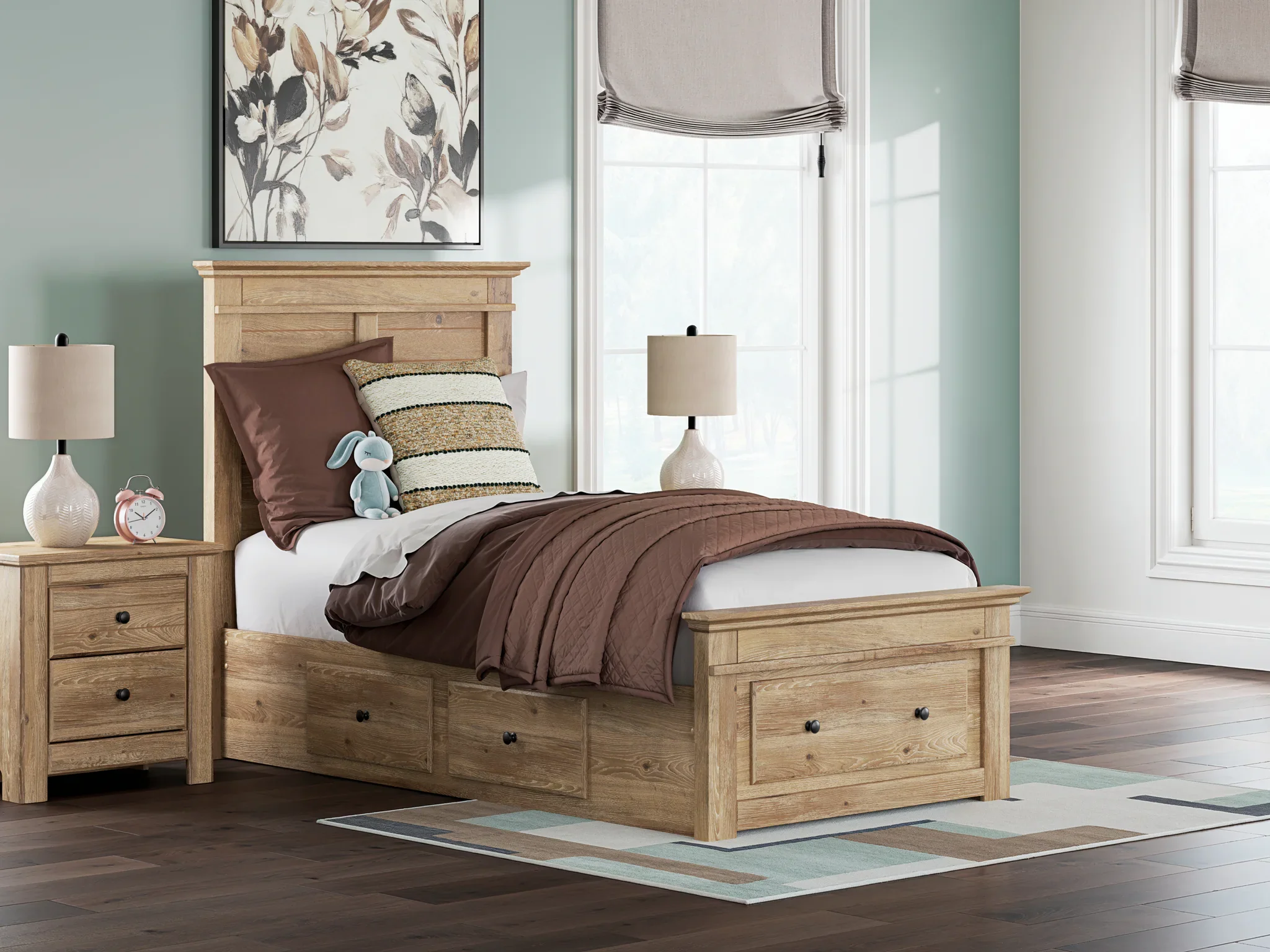 Makidern - Twin Panel Storage Bed With 2 Under Bed Storage Units And Storage Footboard - Tan - Image 2