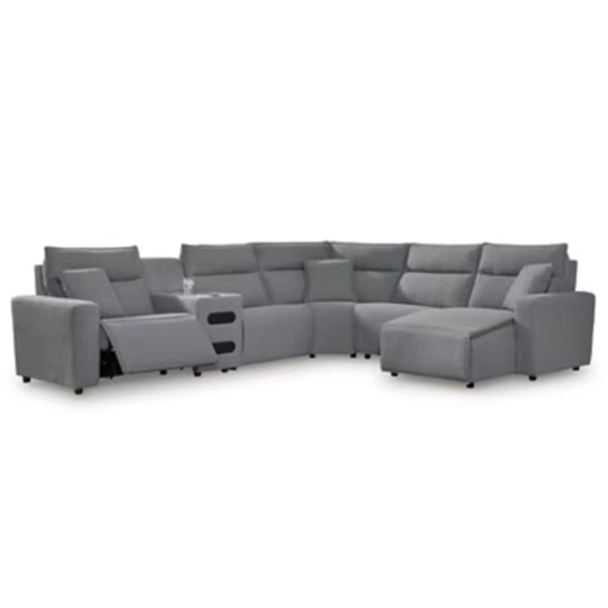 Modmax II - 6-Piece Power Reclining Sectional With RAF Press Back Power Chaise And Audio Console - Salt And Pepper