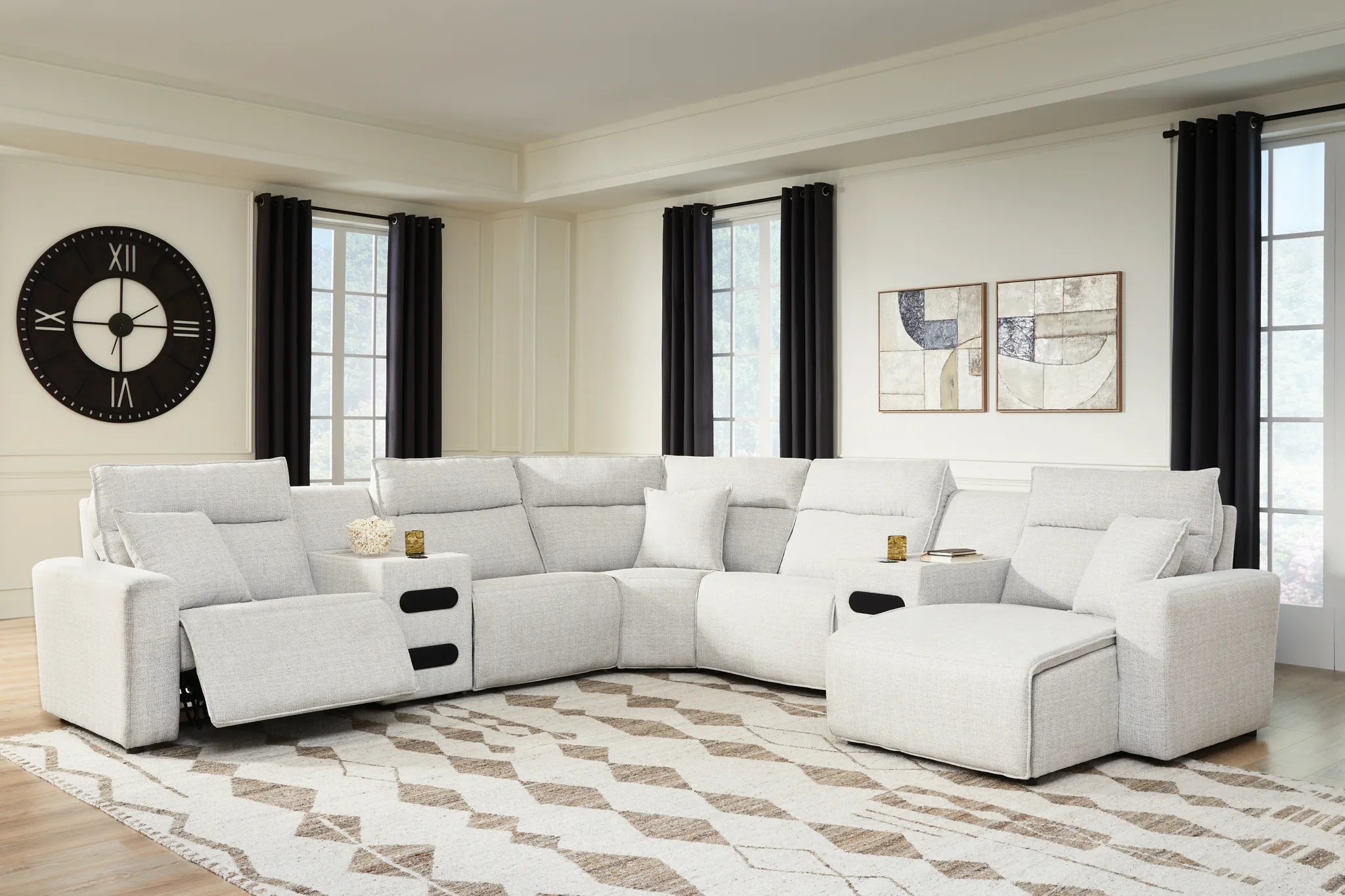 Modmax II - 7-Piece Power Reclining Sectional With RAF Press Back Power Chaise And Audio Consoles - Stone - Image 2