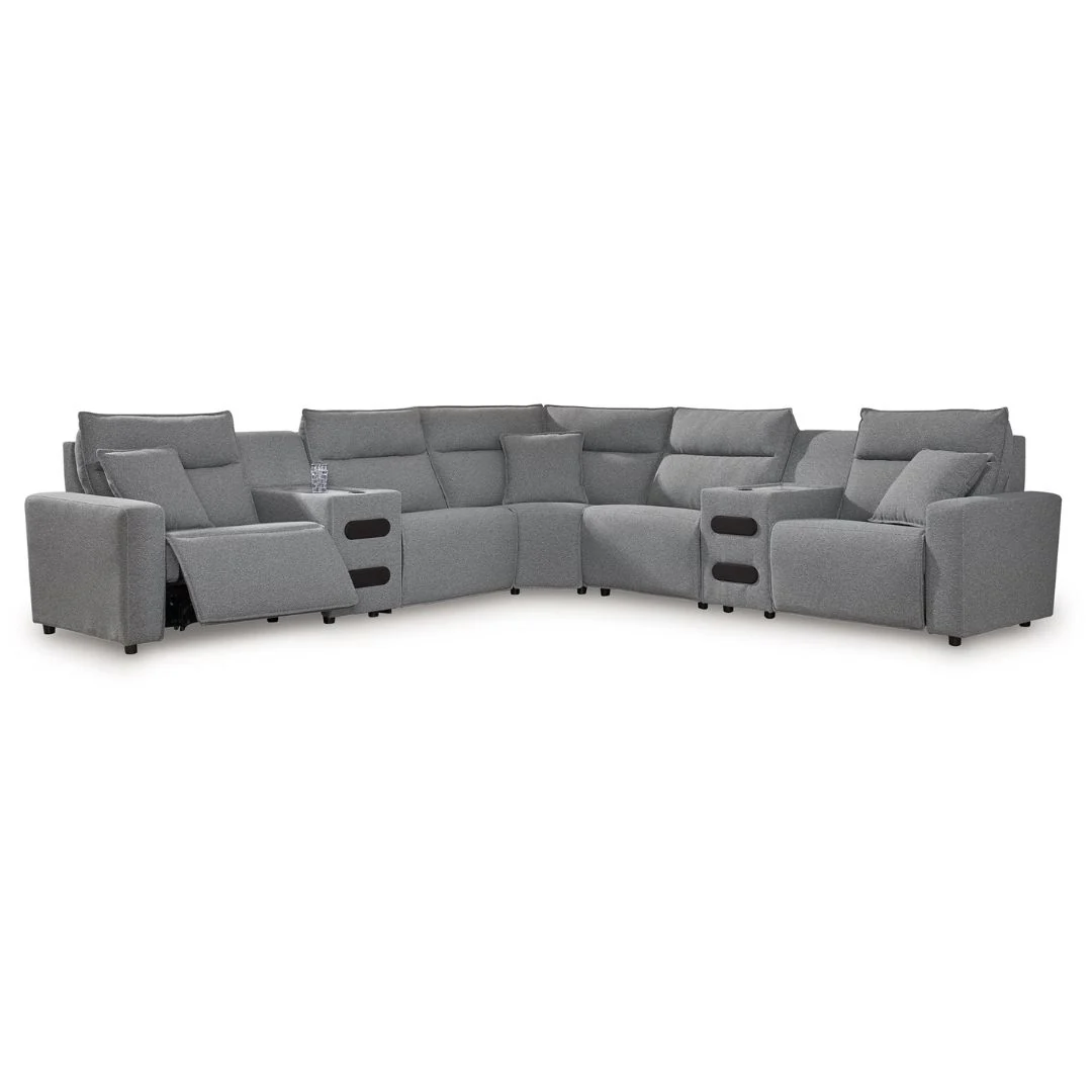 ModMax II - Salt and Pepper - 7-Piece Power Reclining Sectional With 2 Audio Consoles