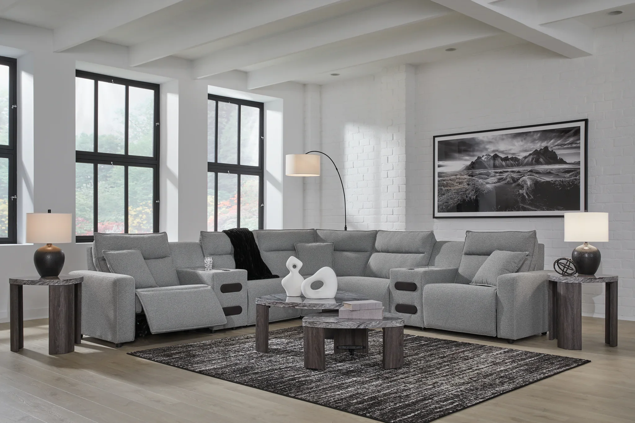 ModMax II - Salt and Pepper - 7-Piece Power Reclining Sectional With 2 Audio Consoles - Image 2