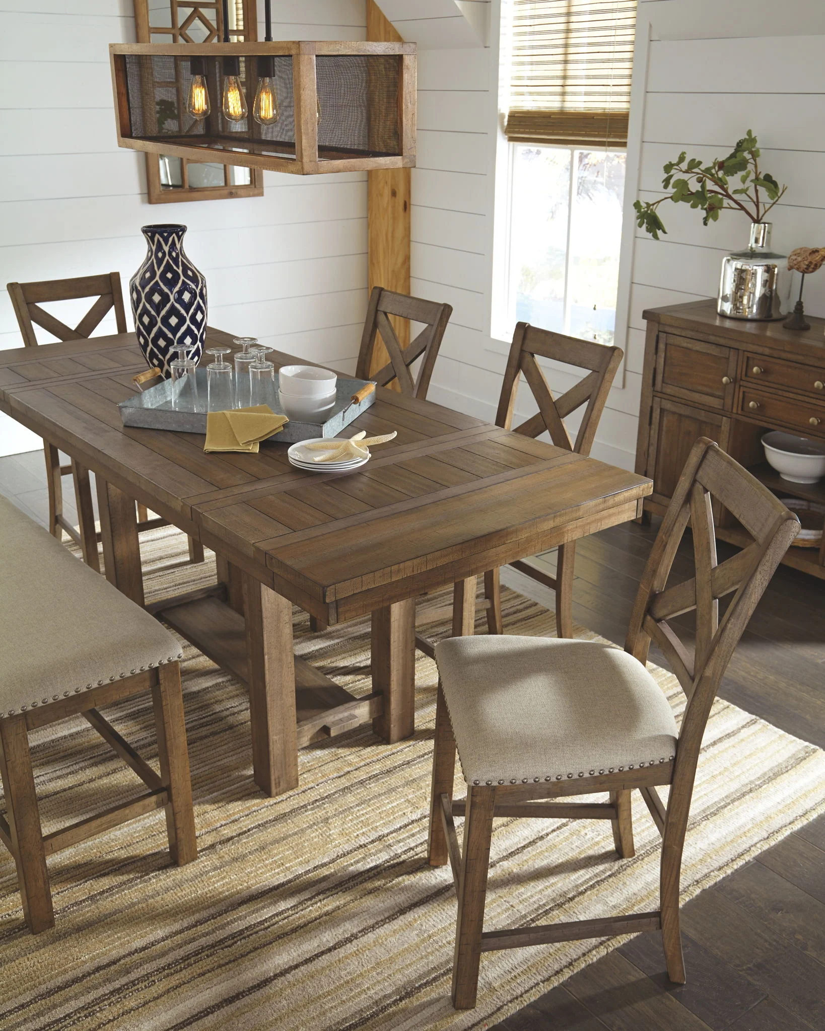 Moriville - Dark Gray - 7 Pc. - Counter Extension Table, 4 Barstools, Bench, Server - Image 2