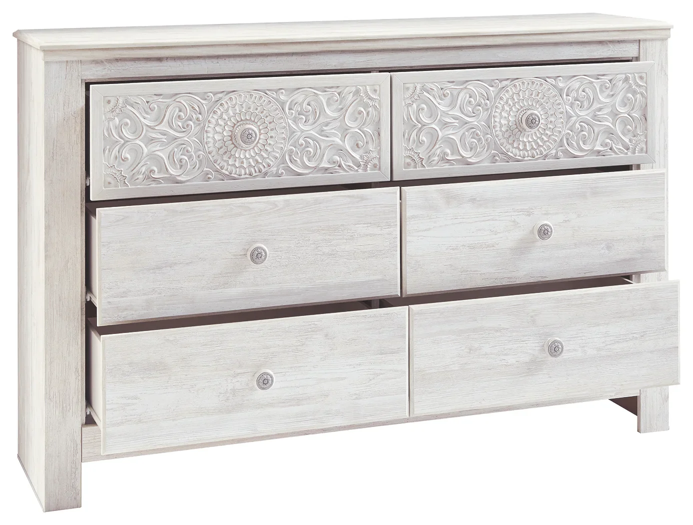 Paxberry - Whitewash - Six Drawer Dresser - Medallion Drawer Pulls - Image 4