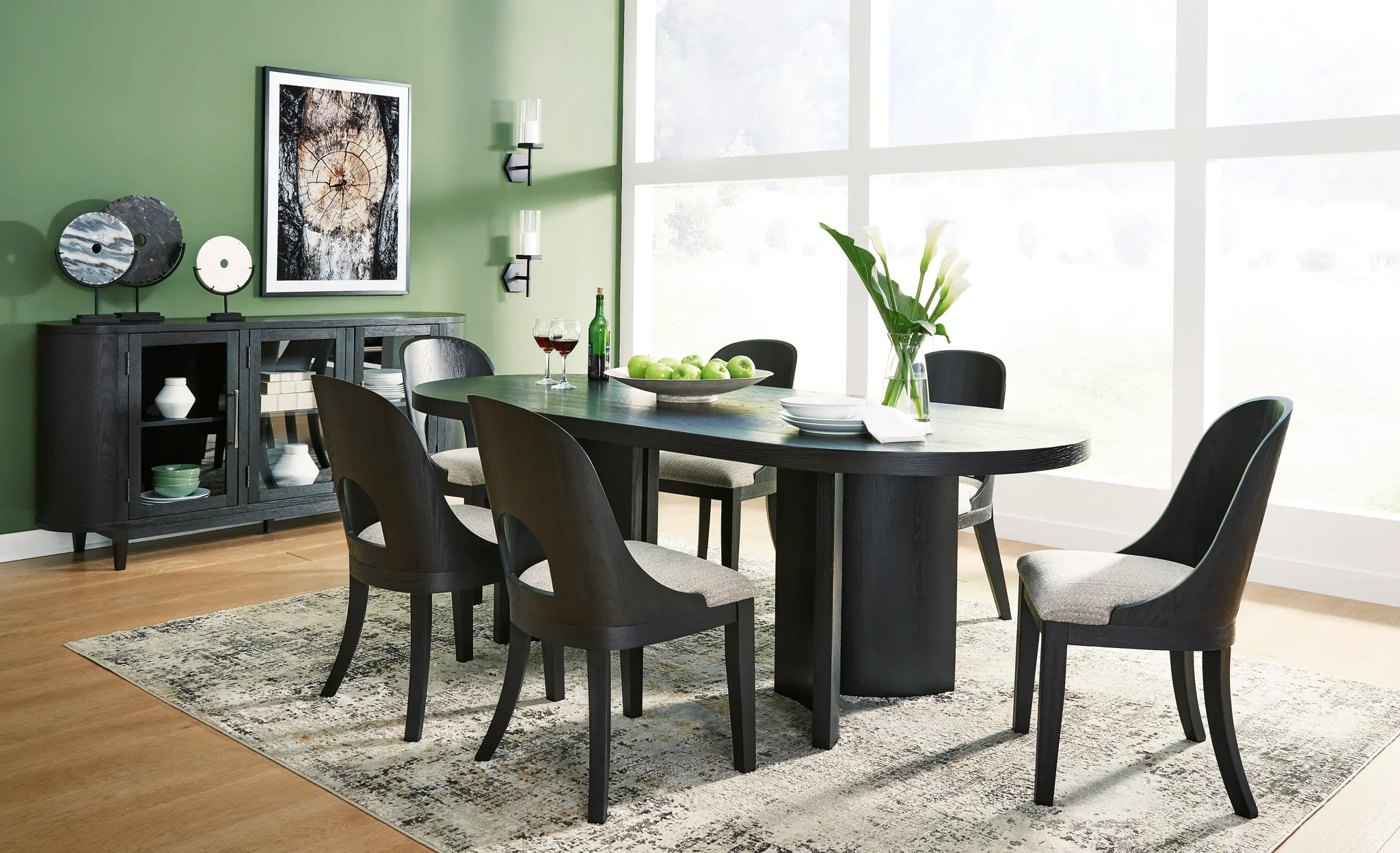 Rowanbeck - Black - 8 Pc. - Dining Table, 6 Side Chairs, Server