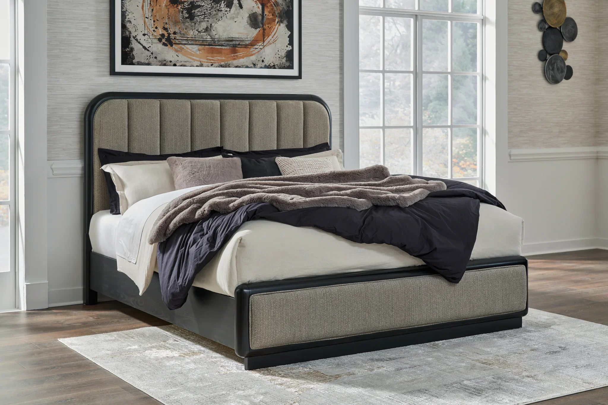 Rowanbeck - Gray / Black - King Upholstered Panel Bed - Image 2