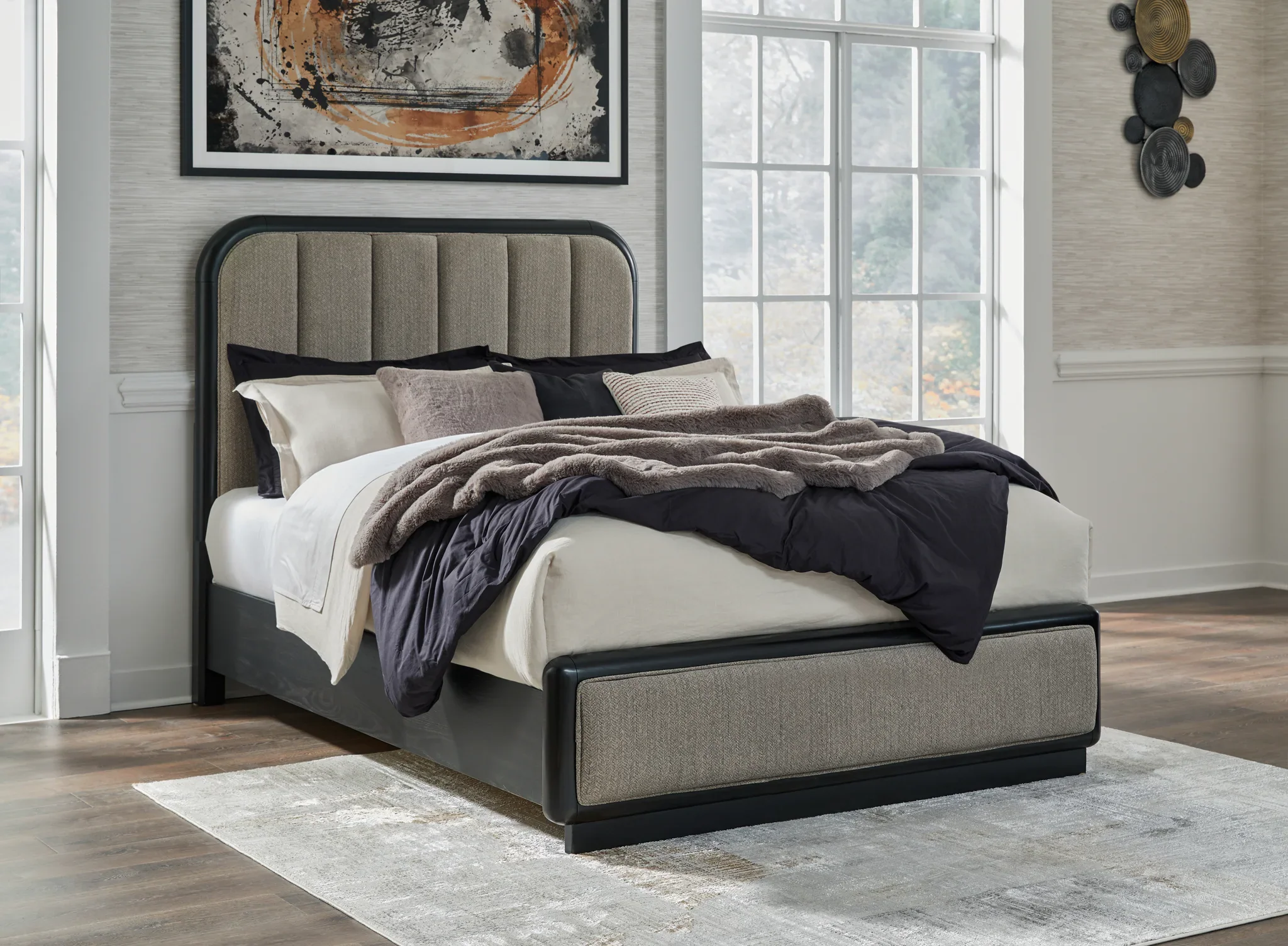 Rowanbeck - Gray / Black - Queen Upholstered Panel Bed - Image 2