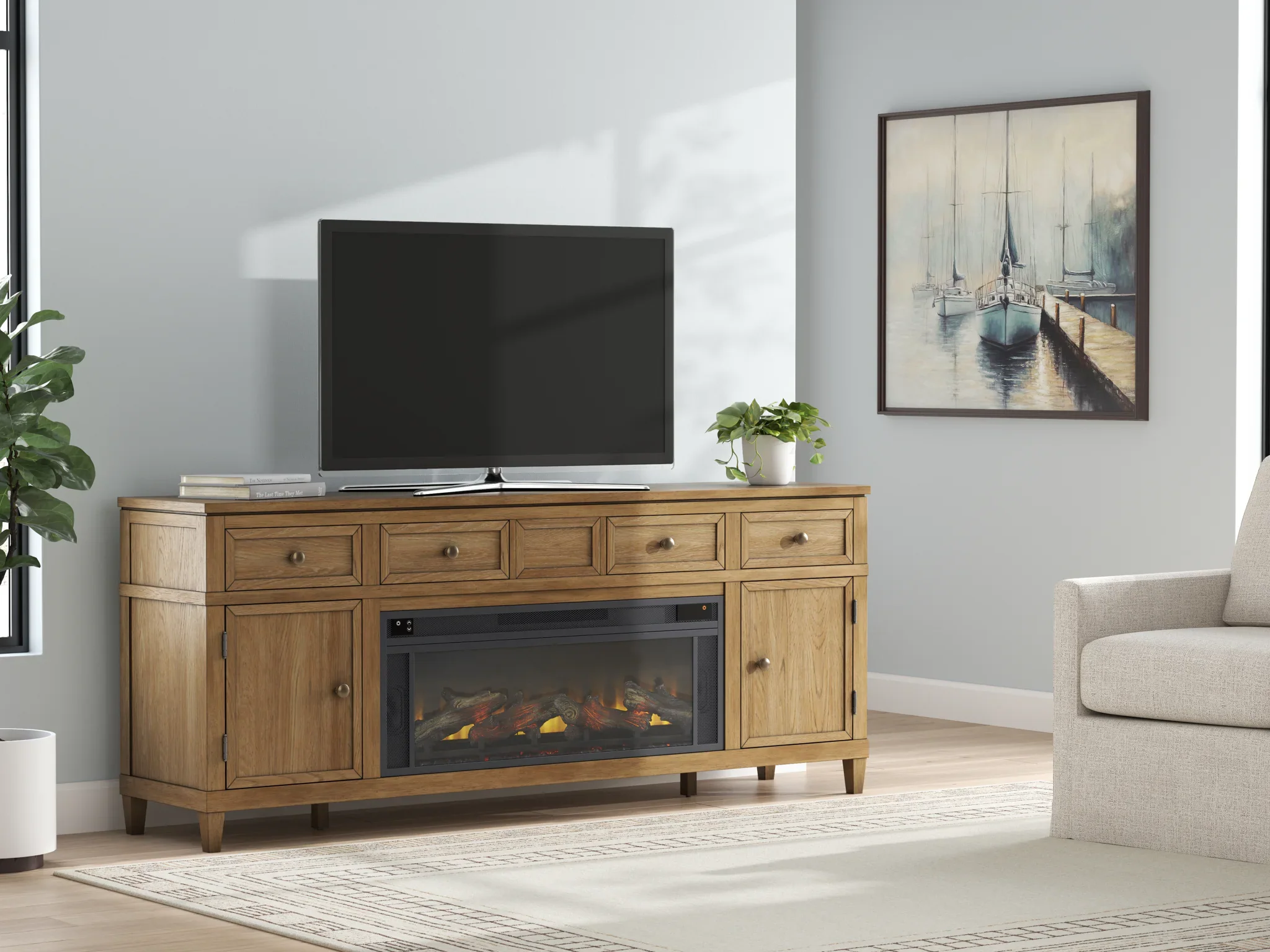 Sharlance - Light Brown - 81" TV Stand With Electric Infrared Fireplace Insert - Image 2