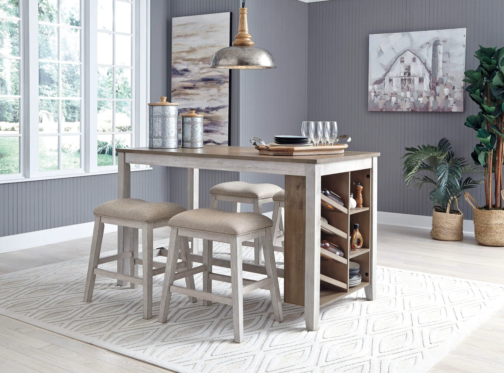 Skempton - White - 5 Pc. - Counter Table, 4 Upholstered Stools