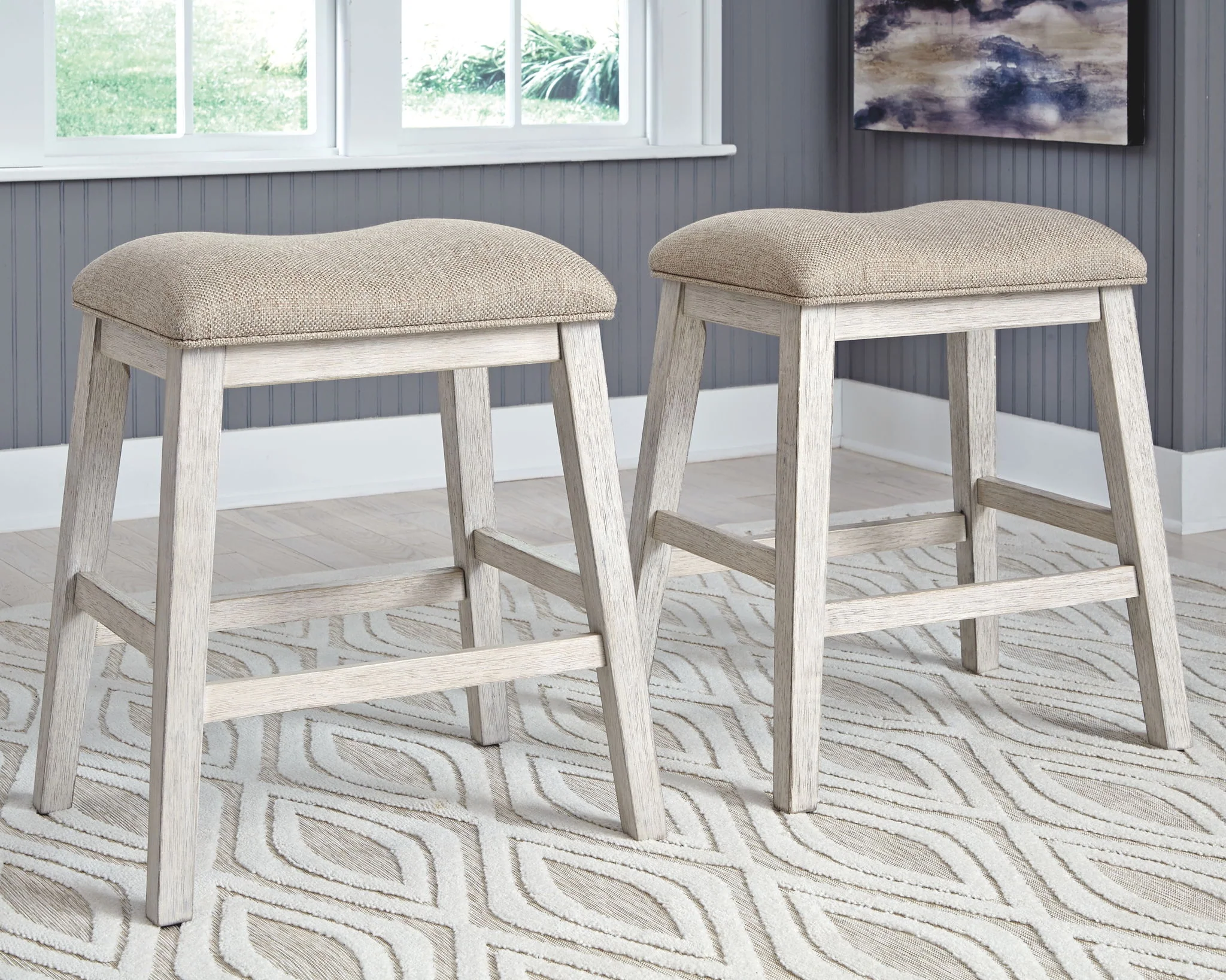Skempton - White - 5 Pc. - Counter Table, 4 Upholstered Stools - Image 3
