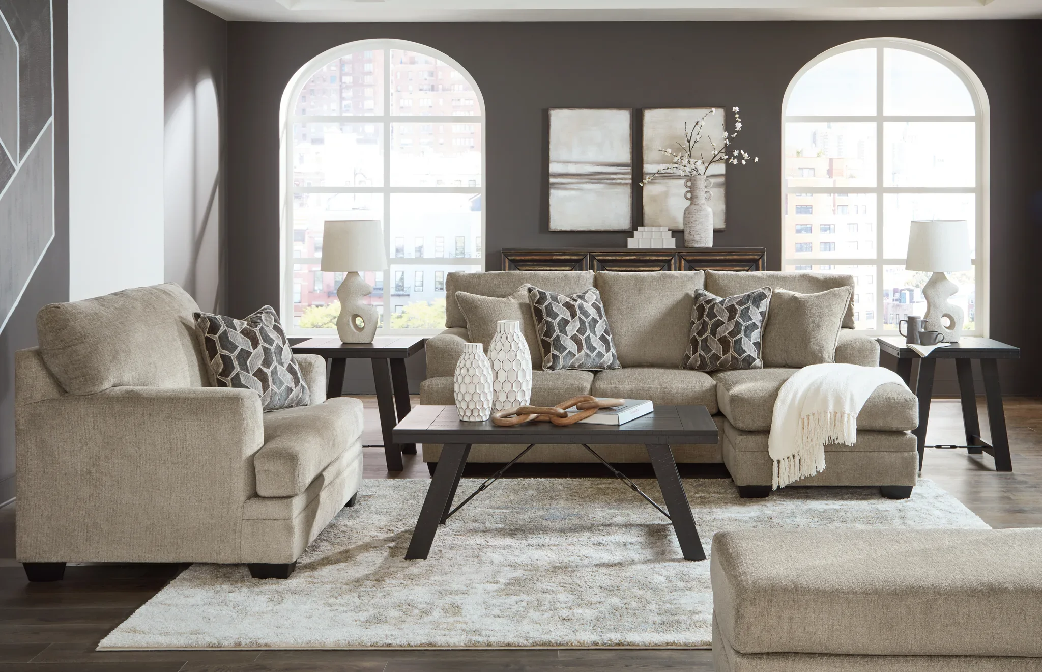 Stonemeade - 3 Pc. - Sofa Chaise, Chair And A Half, Ottoman - Taupe