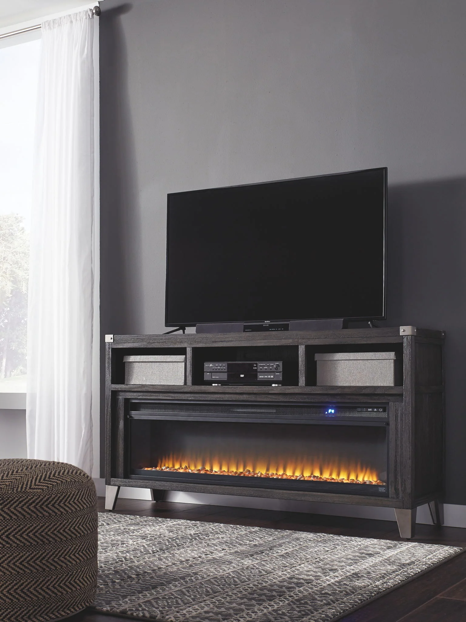 Todoe - Gray - 2 Pc. - 65" TV Stand With Wide Fireplace Insert - Image 2