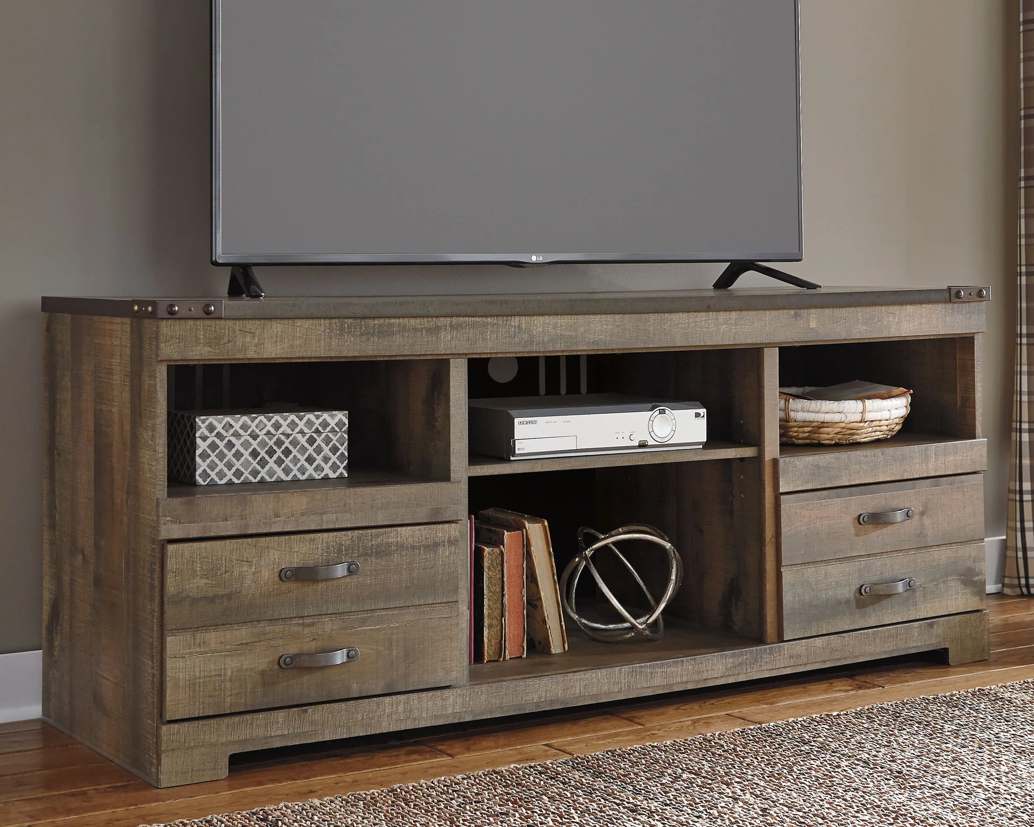 Trinell - Brown - 63" TV Stand With Glass/Stone Fireplace Insert - Image 3