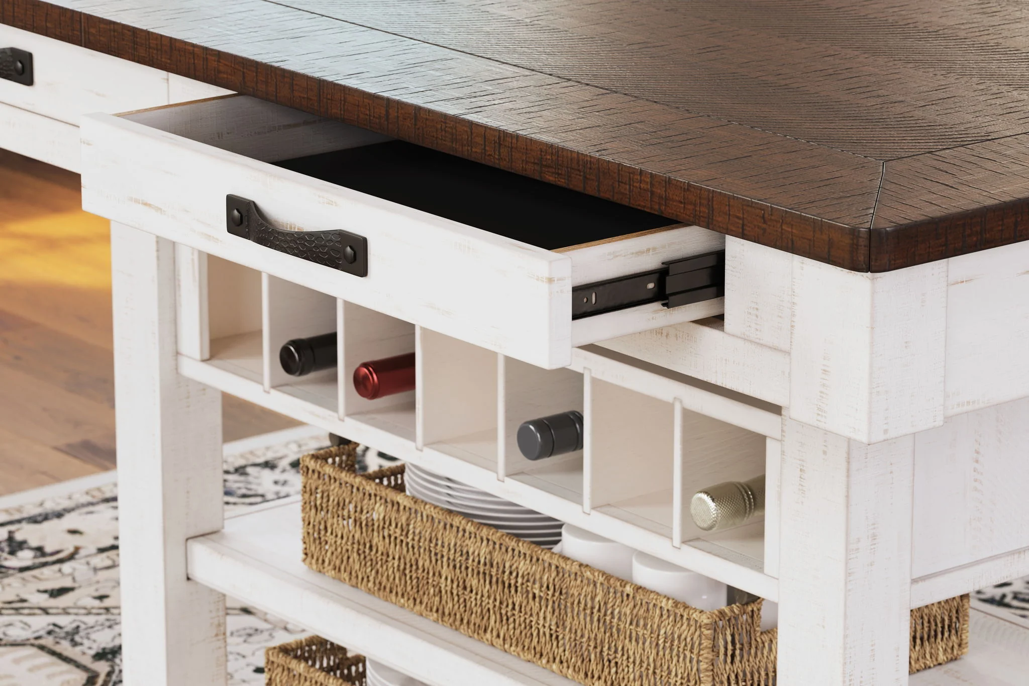 Valebeck - White / Brown - Rect Dining Room Counter Table With Wine Rack - Image 10